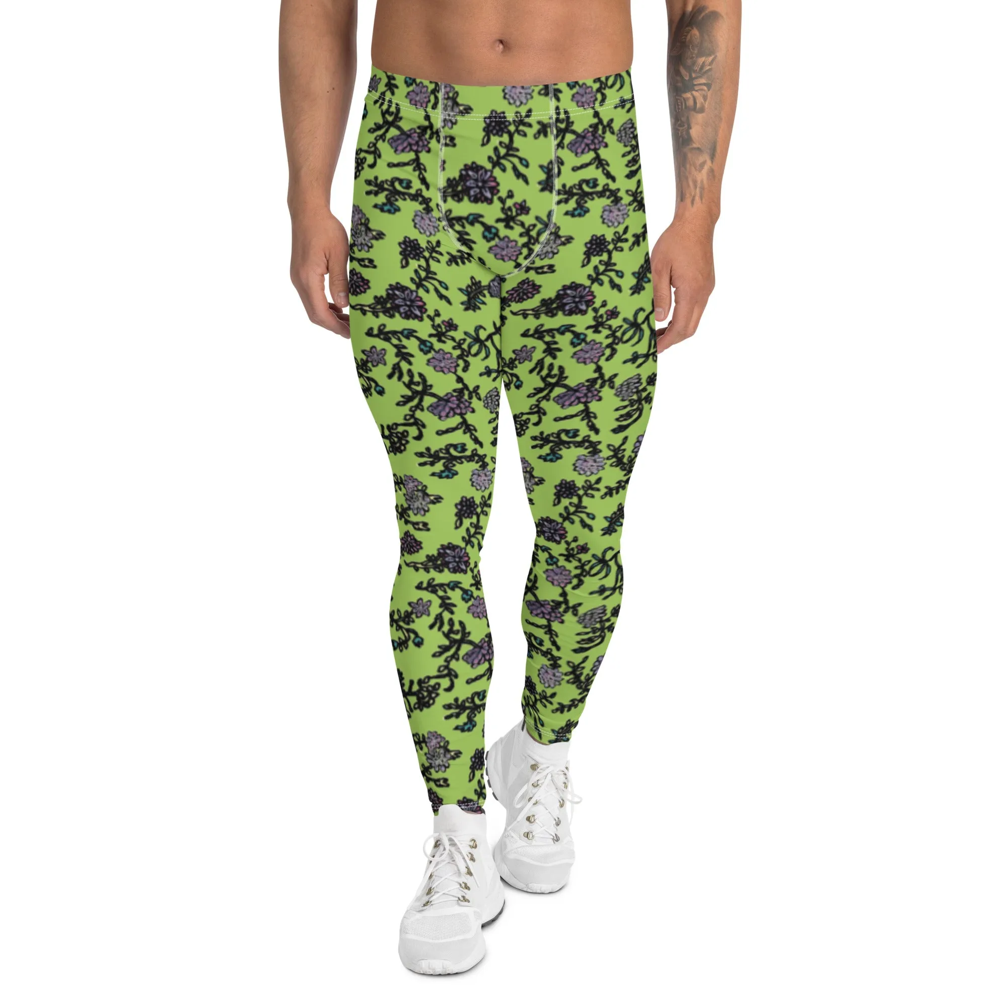 Floral Purple Print Men's Leggings, Flower Printed Designer Meggings Compression Tights-Made in USA/EU/MX