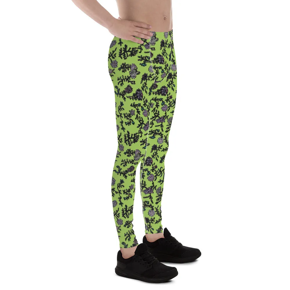 Floral Purple Print Men's Leggings, Flower Printed Designer Meggings Compression Tights-Made in USA/EU/MX