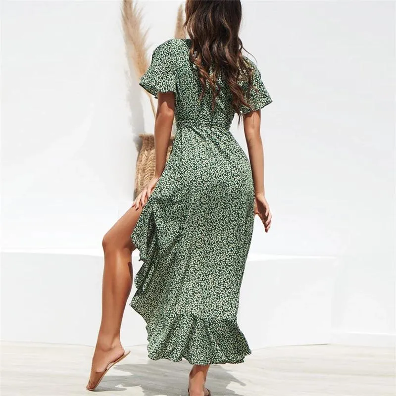 Floral Ruffled Wrap Around Style Maxi Dress
