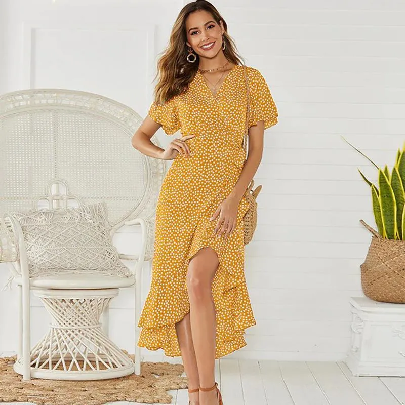 Floral Ruffled Wrap Around Style Maxi Dress