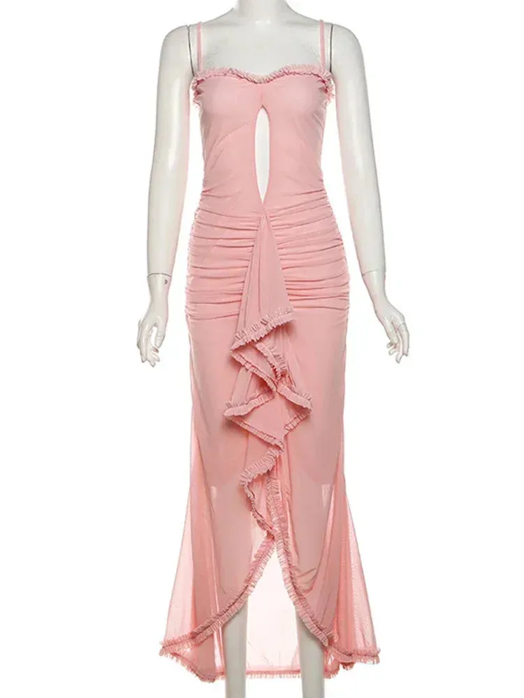 Frilly Mesh Sleeveless Maxi Dresses Evening Party Dress Women Elegant Luxury Sexy Birthday Outfit Summer 2024 C16-FF40
