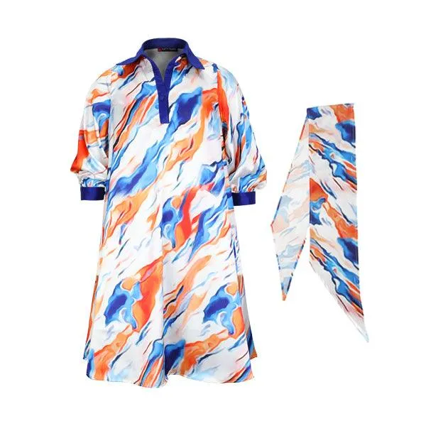 GIRLS ORANGE AND BLUE SILK MAXI DRESS WITH SCARF(MUMMY AND I)