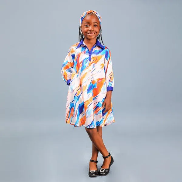 GIRLS ORANGE AND BLUE SILK MAXI DRESS WITH SCARF(MUMMY AND I)