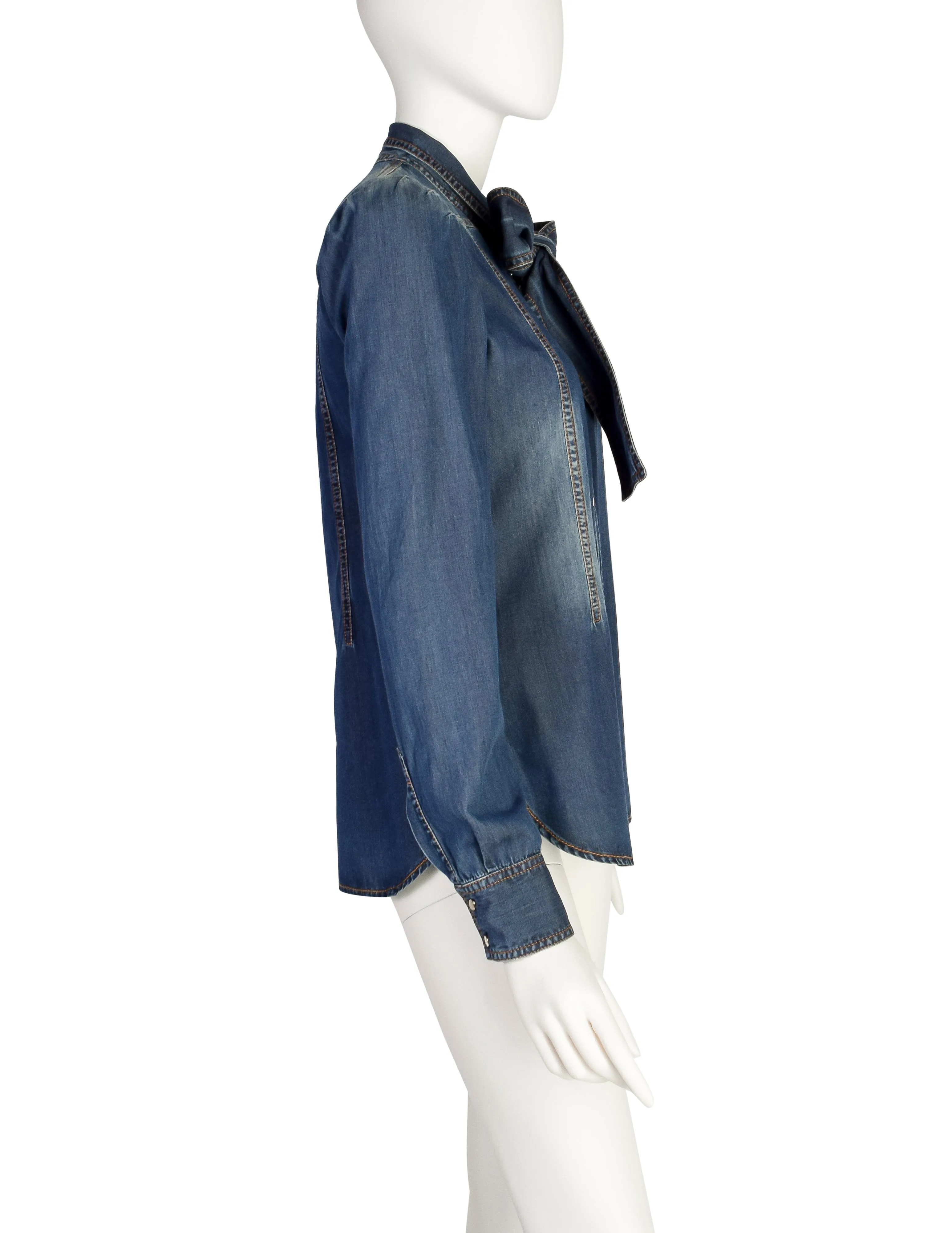 Gucci Vintage Blue Denim-Look Snap Button Chambray Lavaliere Bow Shirt