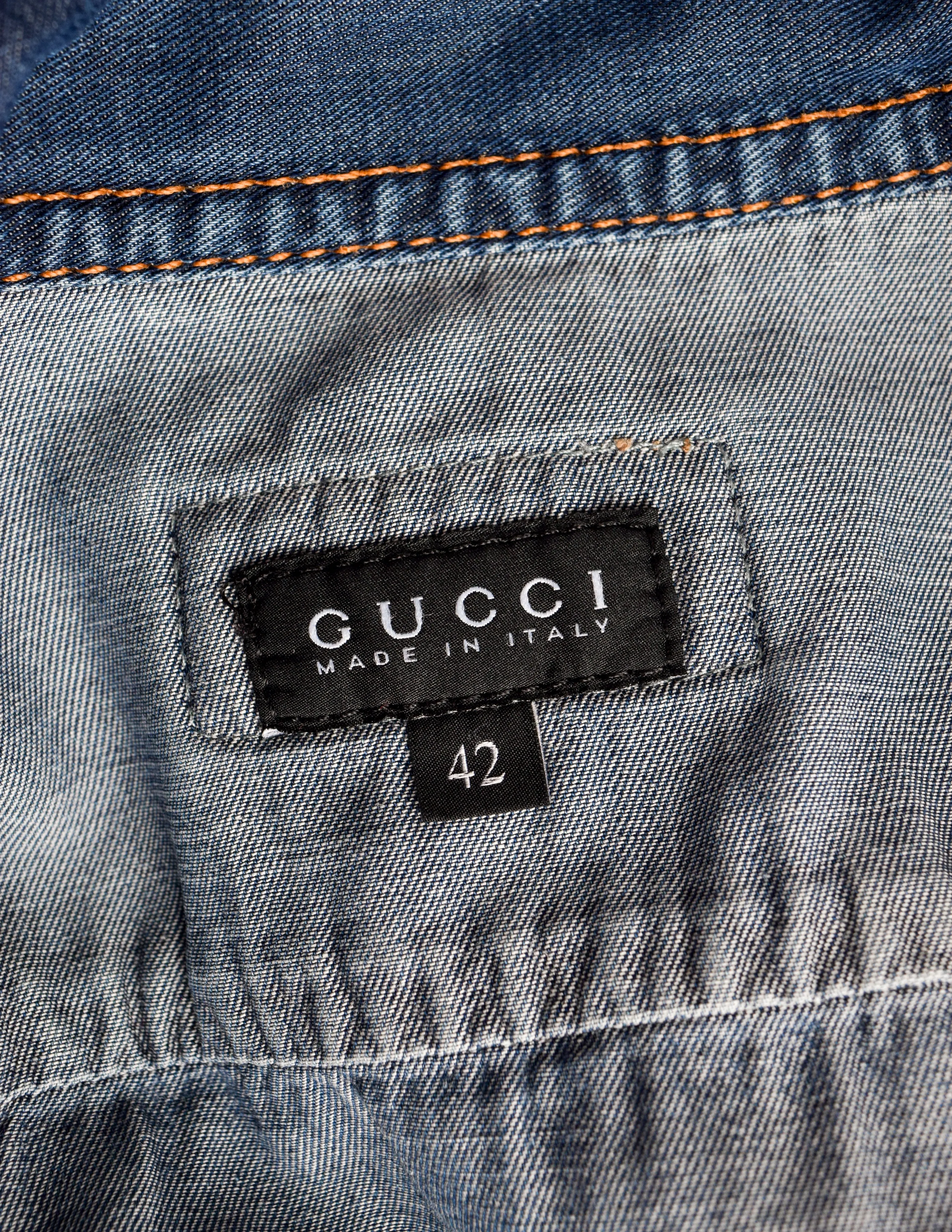 Gucci Vintage Blue Denim-Look Snap Button Chambray Lavaliere Bow Shirt