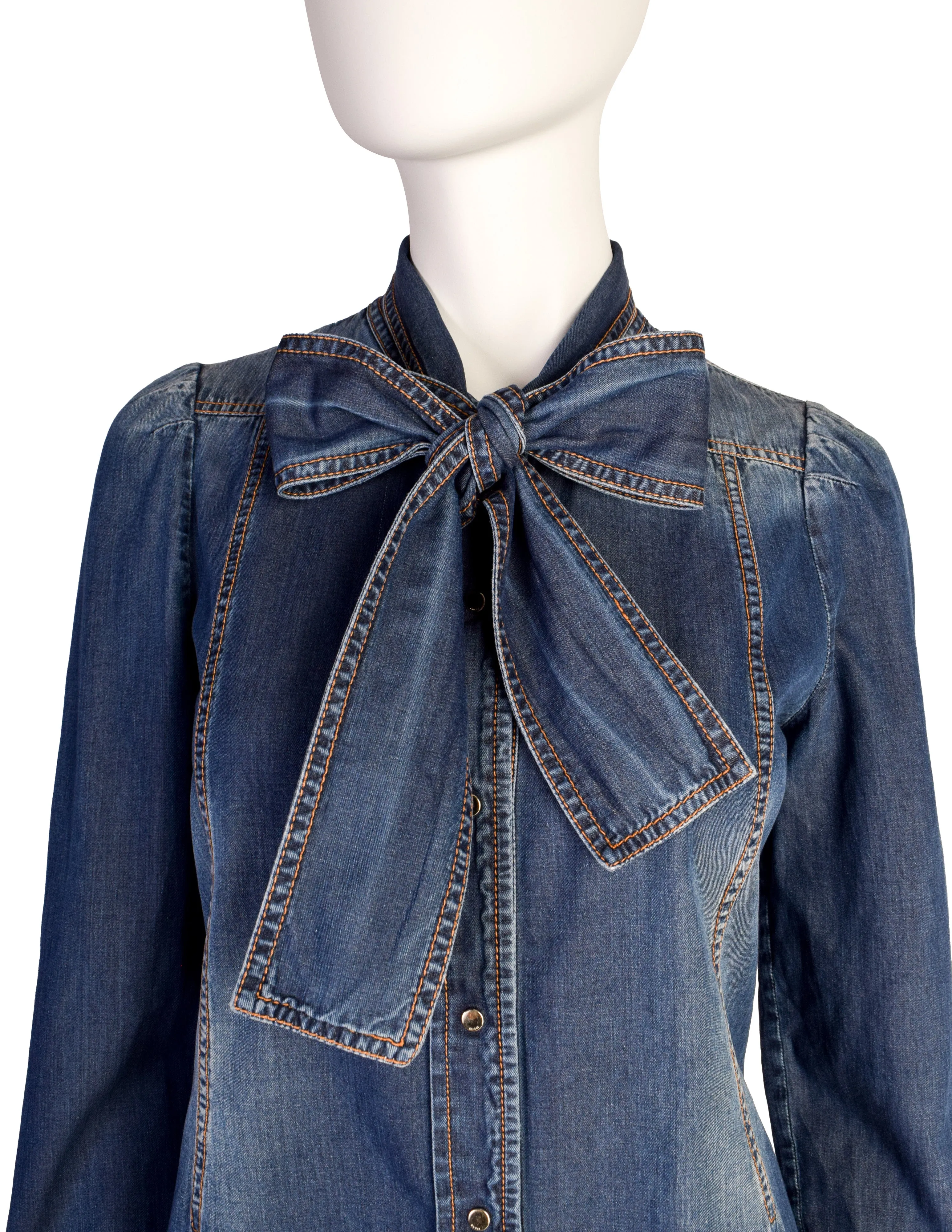 Gucci Vintage Blue Denim-Look Snap Button Chambray Lavaliere Bow Shirt