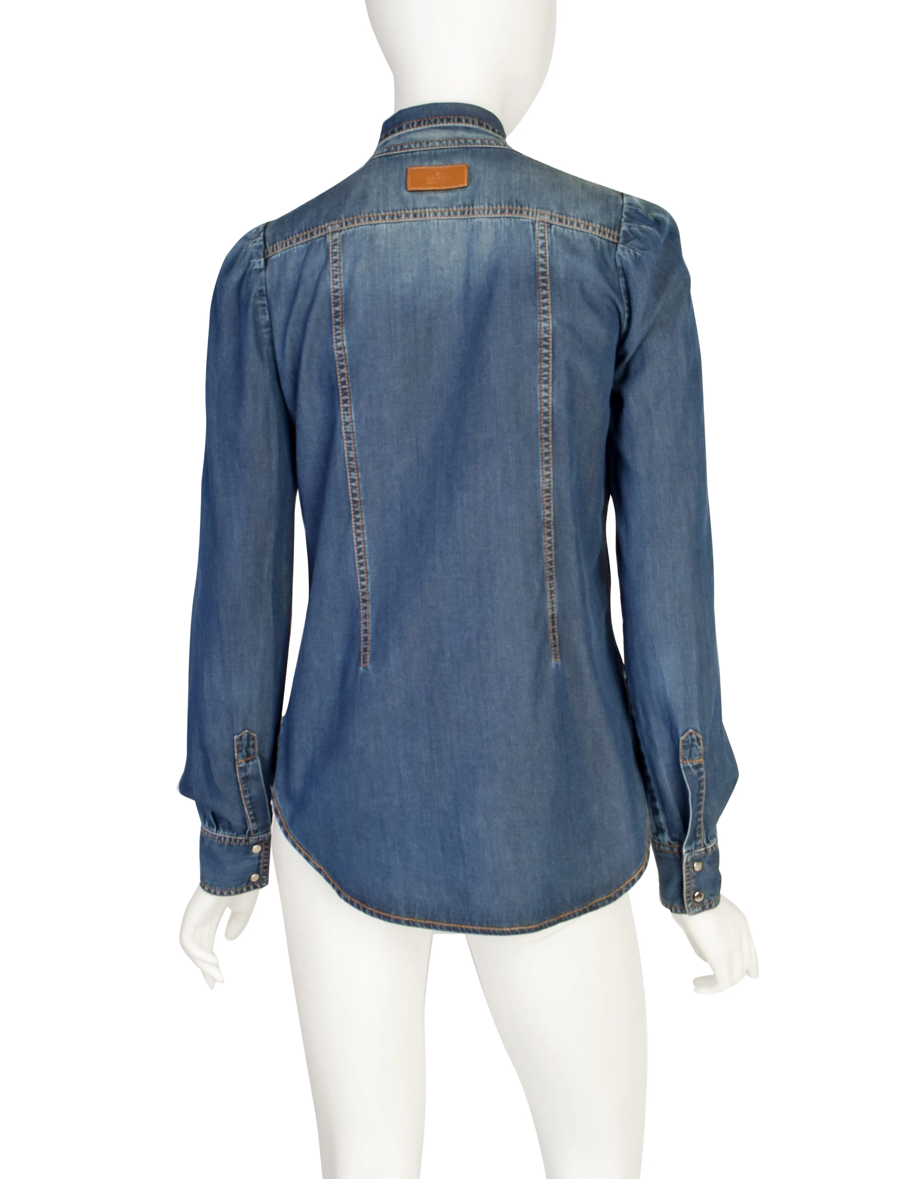 Gucci Vintage Blue Denim-Look Snap Button Chambray Lavaliere Bow Shirt