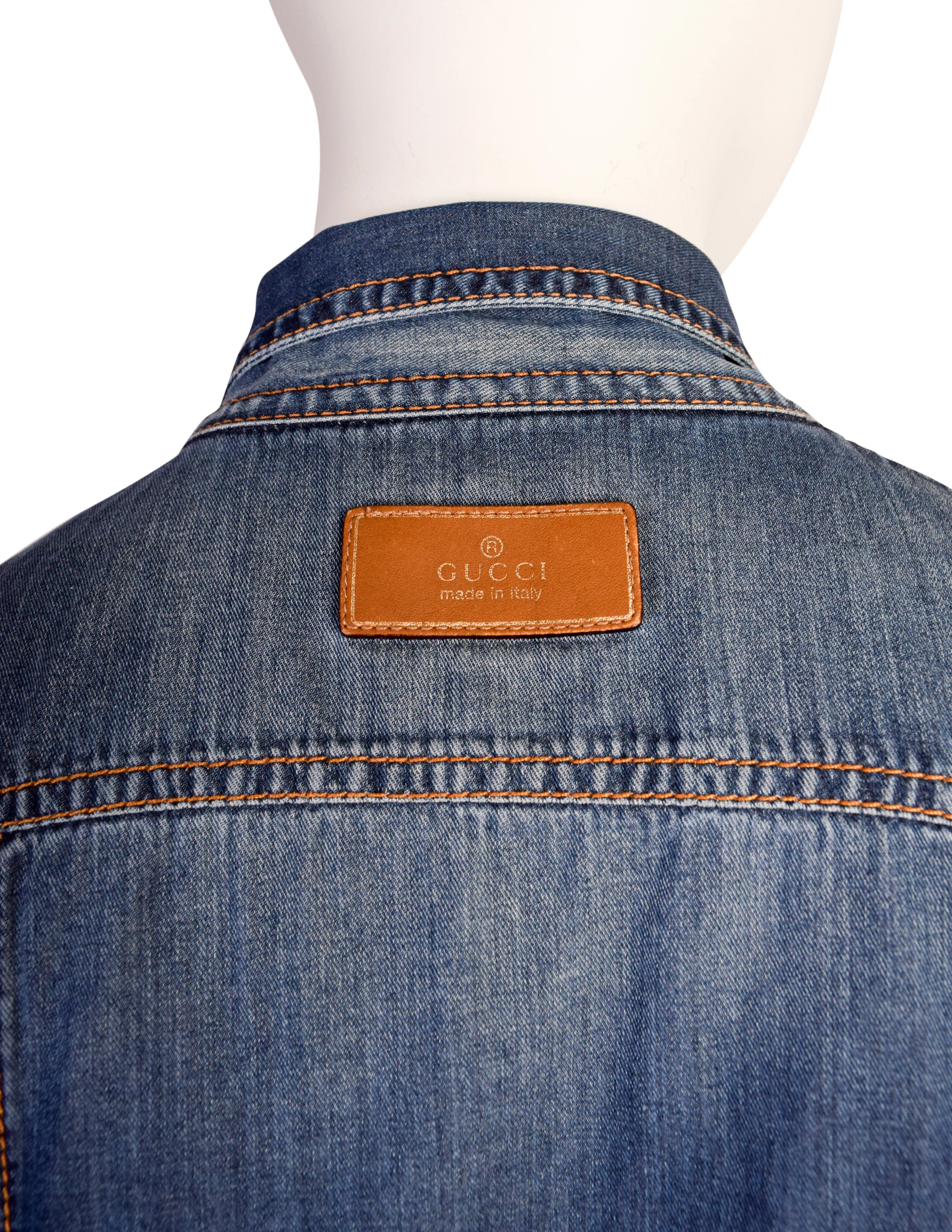 Gucci Vintage Blue Denim-Look Snap Button Chambray Lavaliere Bow Shirt