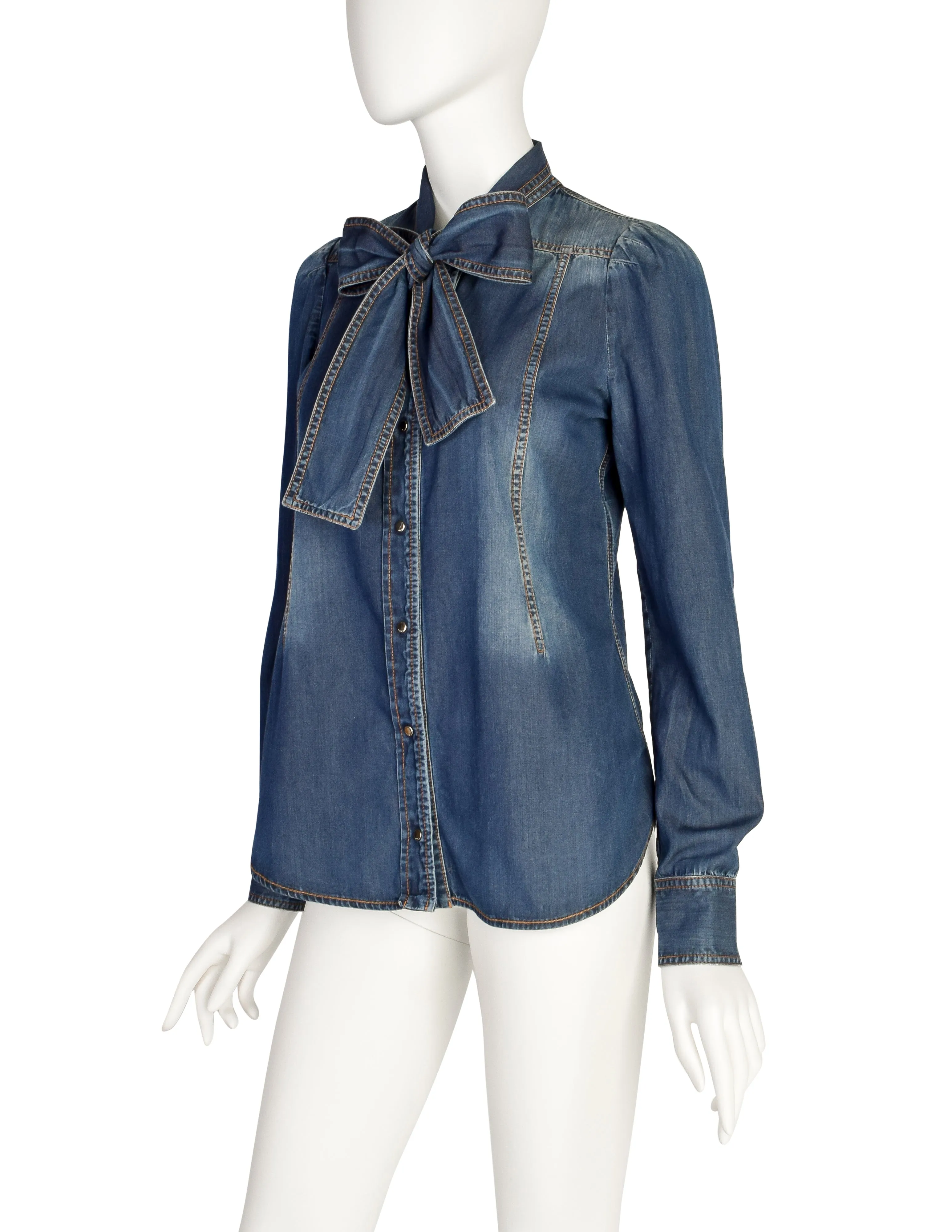 Gucci Vintage Blue Denim-Look Snap Button Chambray Lavaliere Bow Shirt