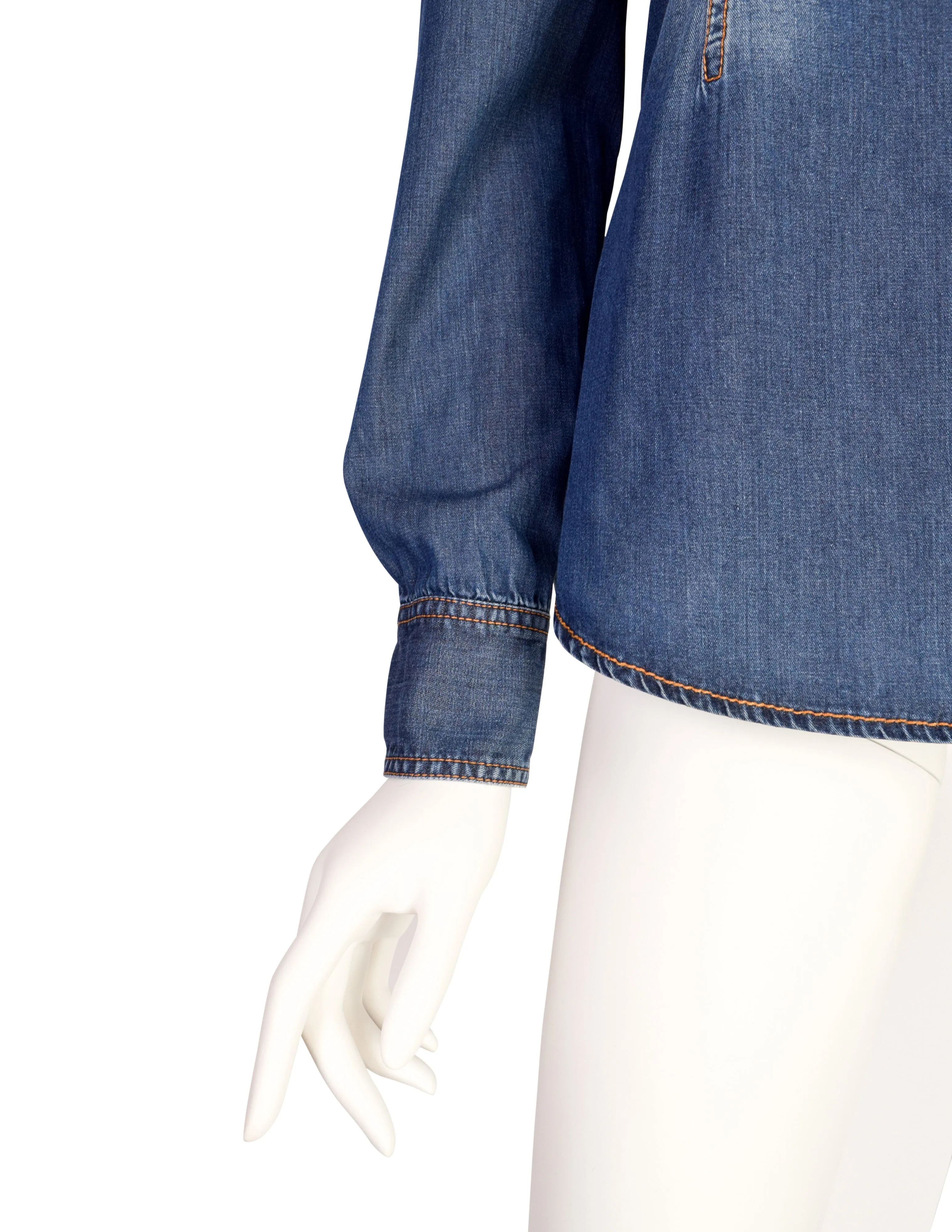Gucci Vintage Blue Denim-Look Snap Button Chambray Lavaliere Bow Shirt