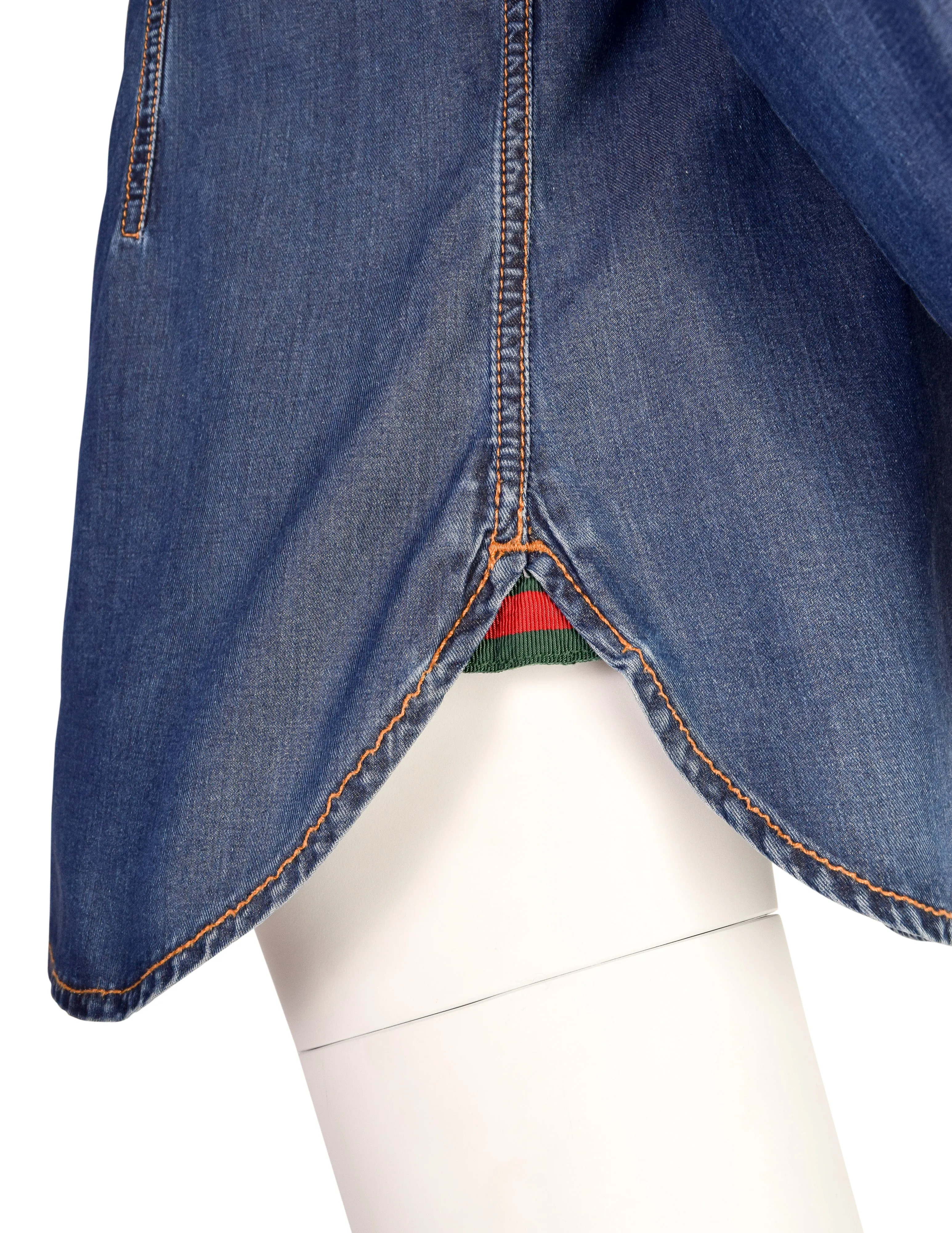 Gucci Vintage Blue Denim-Look Snap Button Chambray Lavaliere Bow Shirt