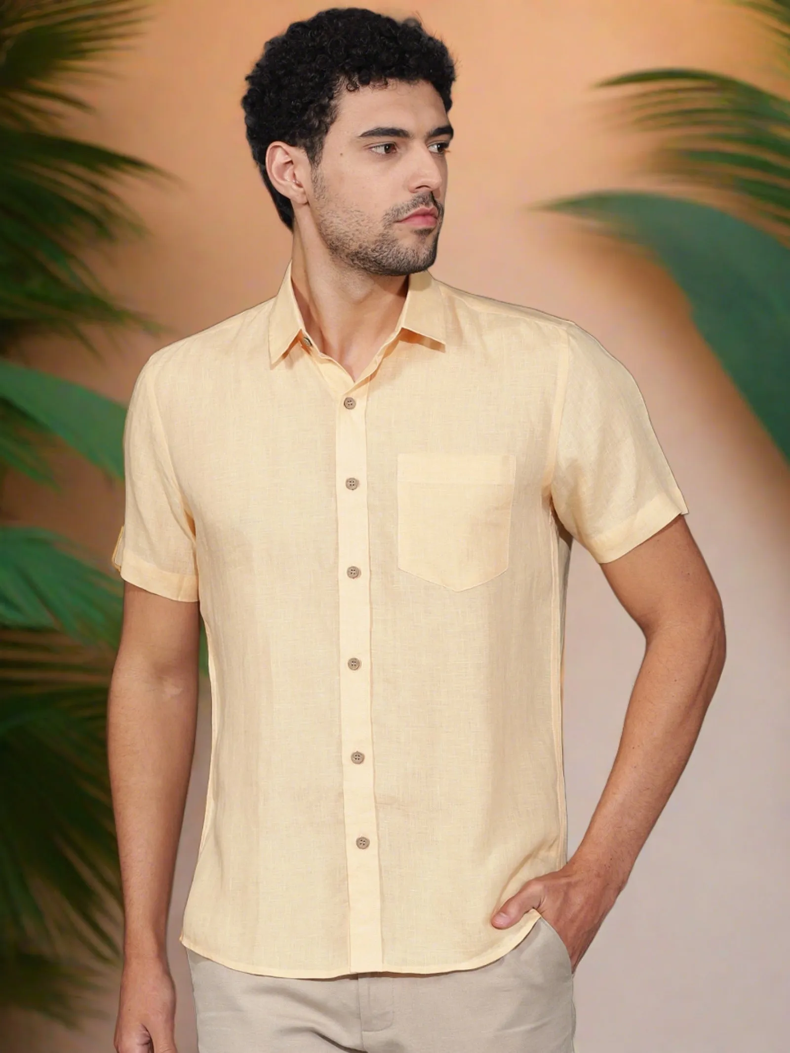 Harvey - Pure Linen Half Sleeve Shirt - Light Orange Sandal (Factory Rescue)
