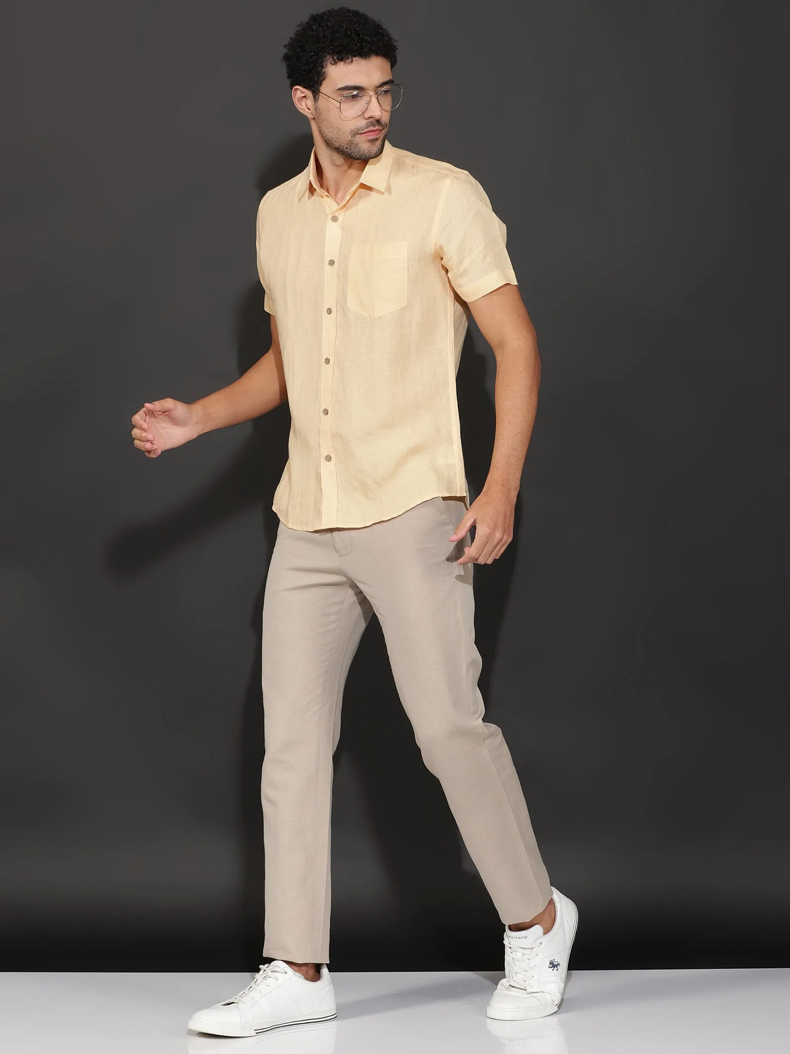Harvey - Pure Linen Half Sleeve Shirt - Light Orange Sandal (Factory Rescue)