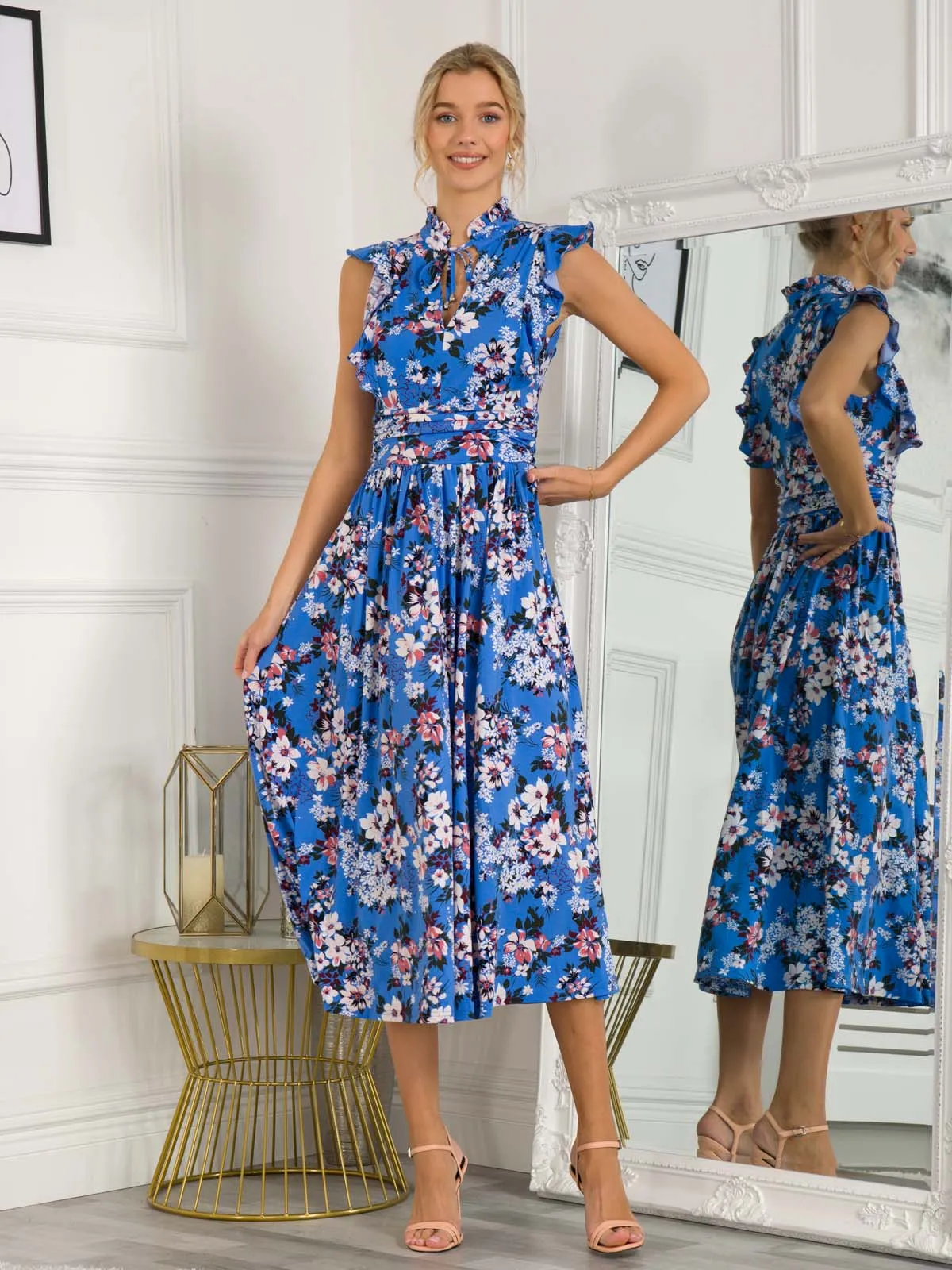 Kynlee Frilly Shoulder Maxi Dress, Blue Floral