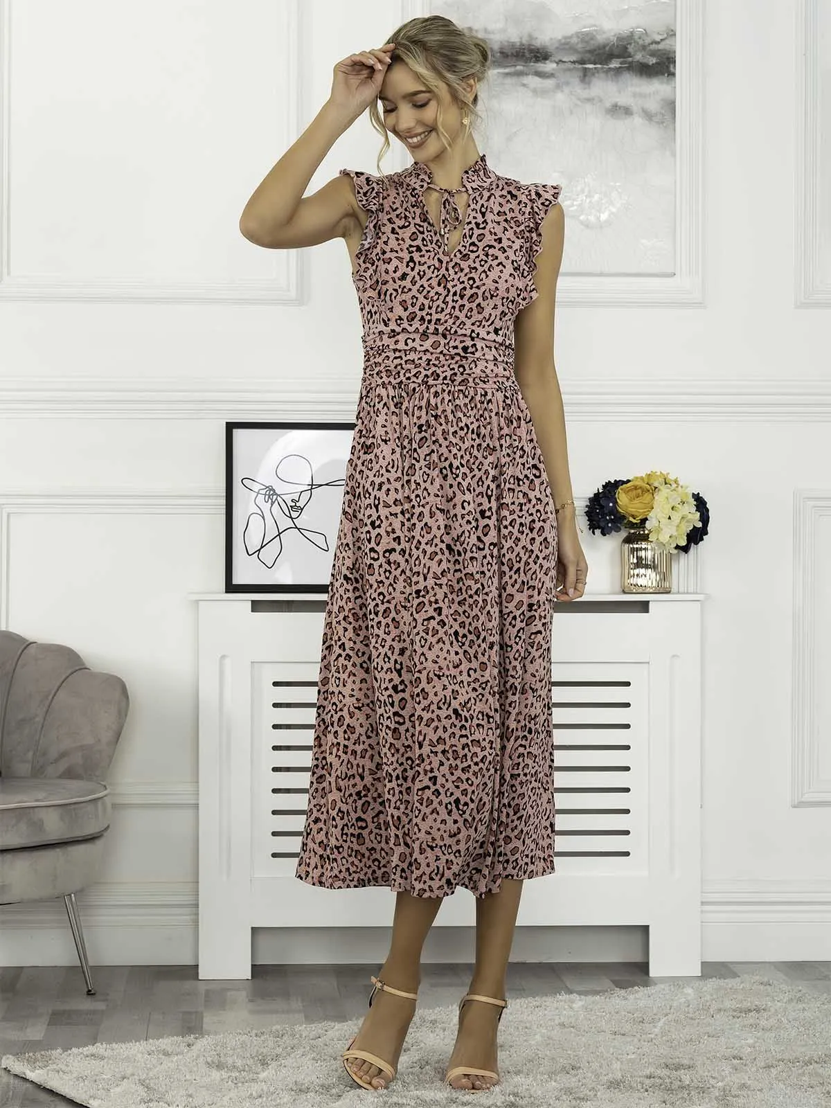 Kynlee Frilly Shoulder Maxi Dress, Pink Animal