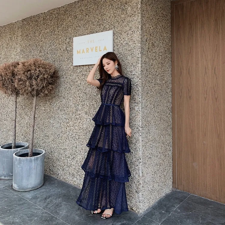 Lace Short Sleeve Maxi Dress with Layers