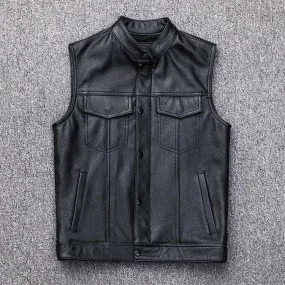 Leather Motorcycle Vest Waistcoat - Plus Size Casual Buttoned