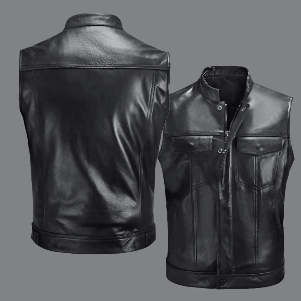 Leather Motorcycle Vest Waistcoat - Plus Size Casual Buttoned