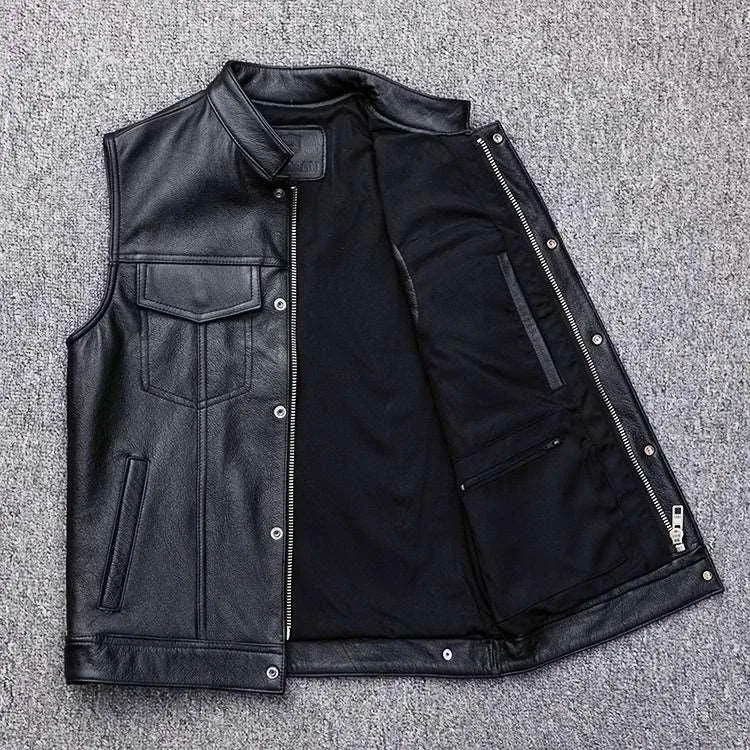 Leather Motorcycle Vest Waistcoat - Plus Size Casual Buttoned
