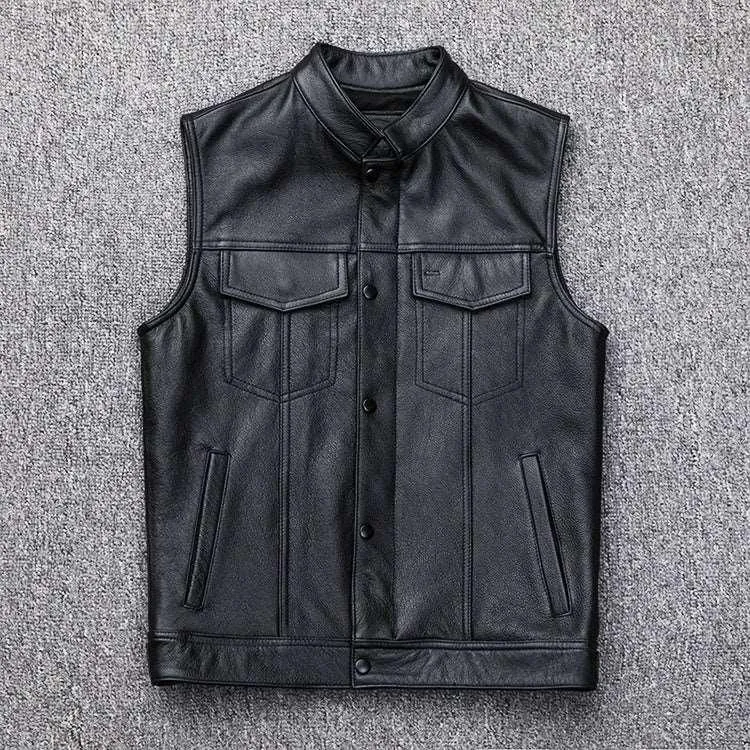 Leather Motorcycle Vest Waistcoat - Plus Size Casual Buttoned