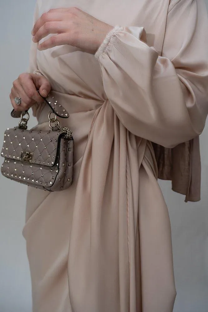 Lulule maxi abaya dress with detached apron elasticated sleeve like tie waist piece in satin light beige