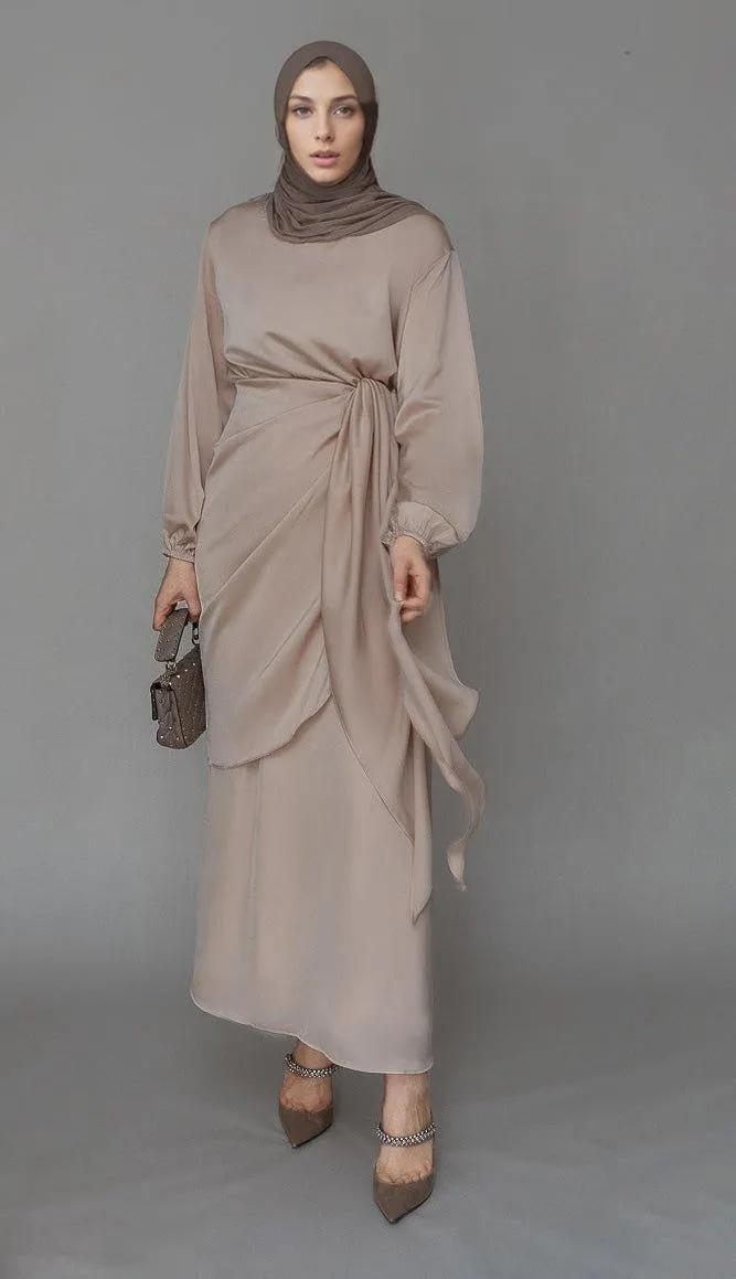 Lulule maxi abaya dress with detached apron elasticated sleeve like tie waist piece in satin light beige