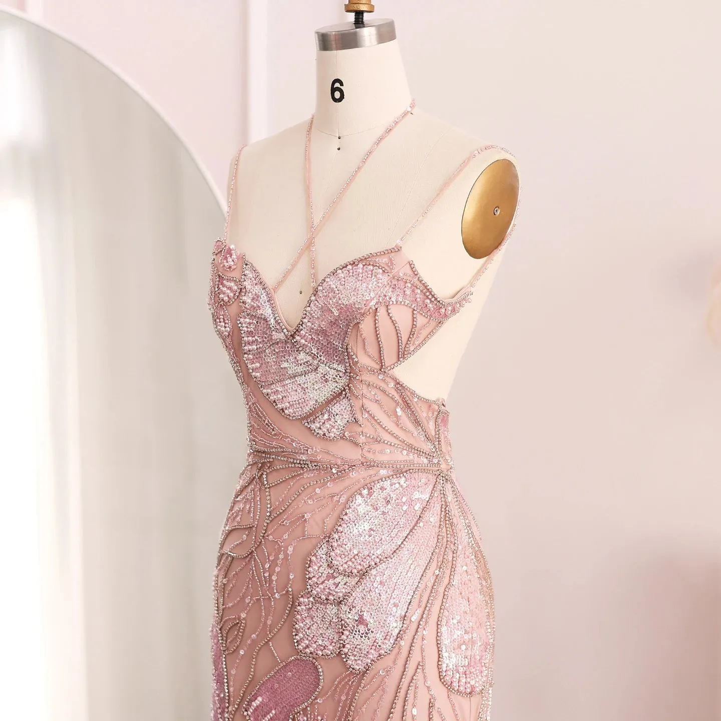 Luxury Beaded Crystal Evening Dress with  Feather Scarf