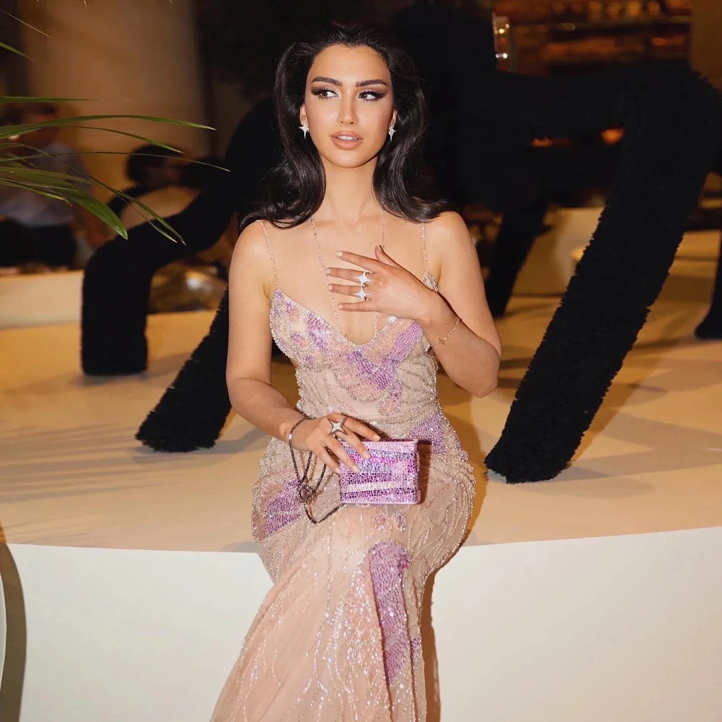 Luxury Beaded Crystal Evening Dress with  Feather Scarf