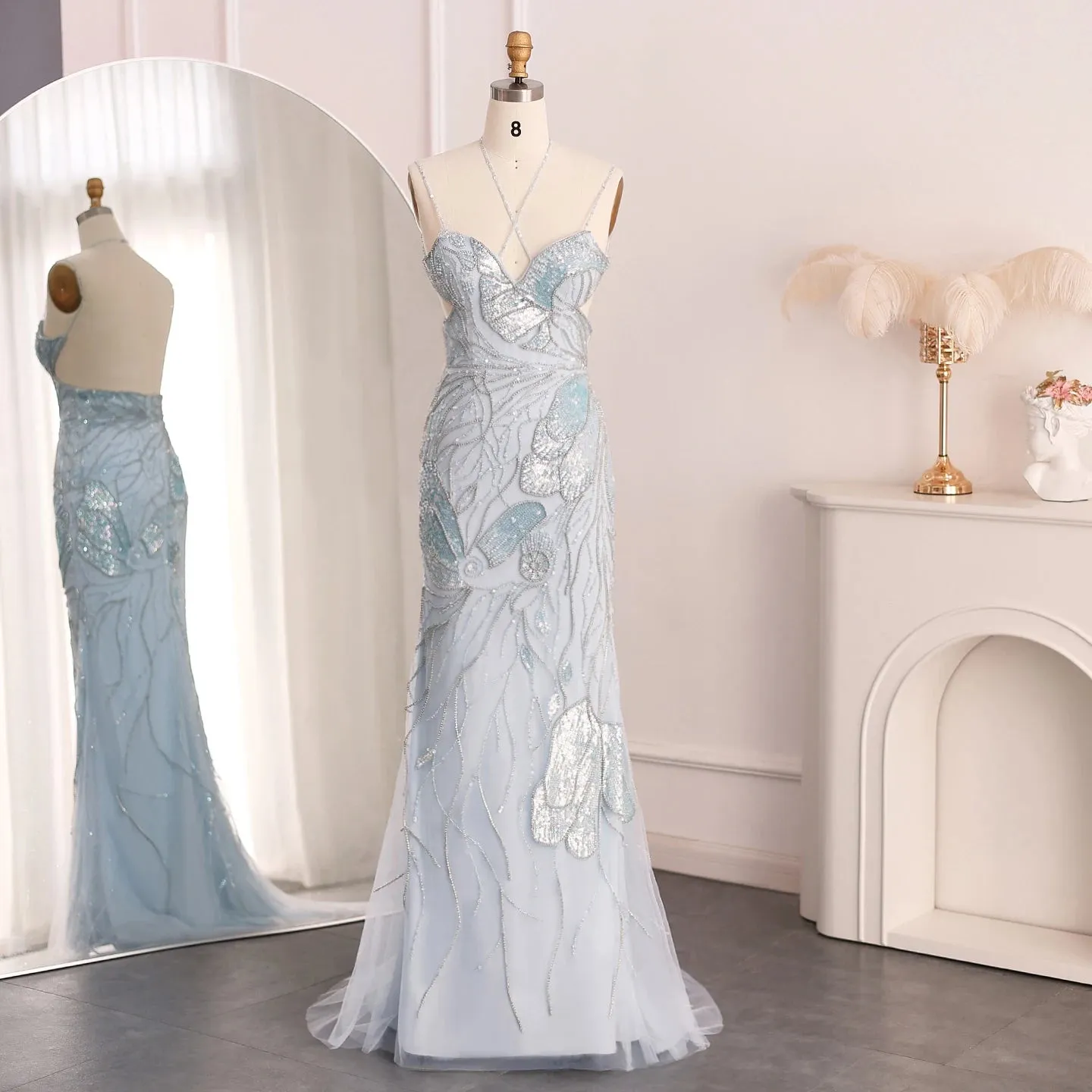 Luxury Beaded Crystal Evening Dress with  Feather Scarf