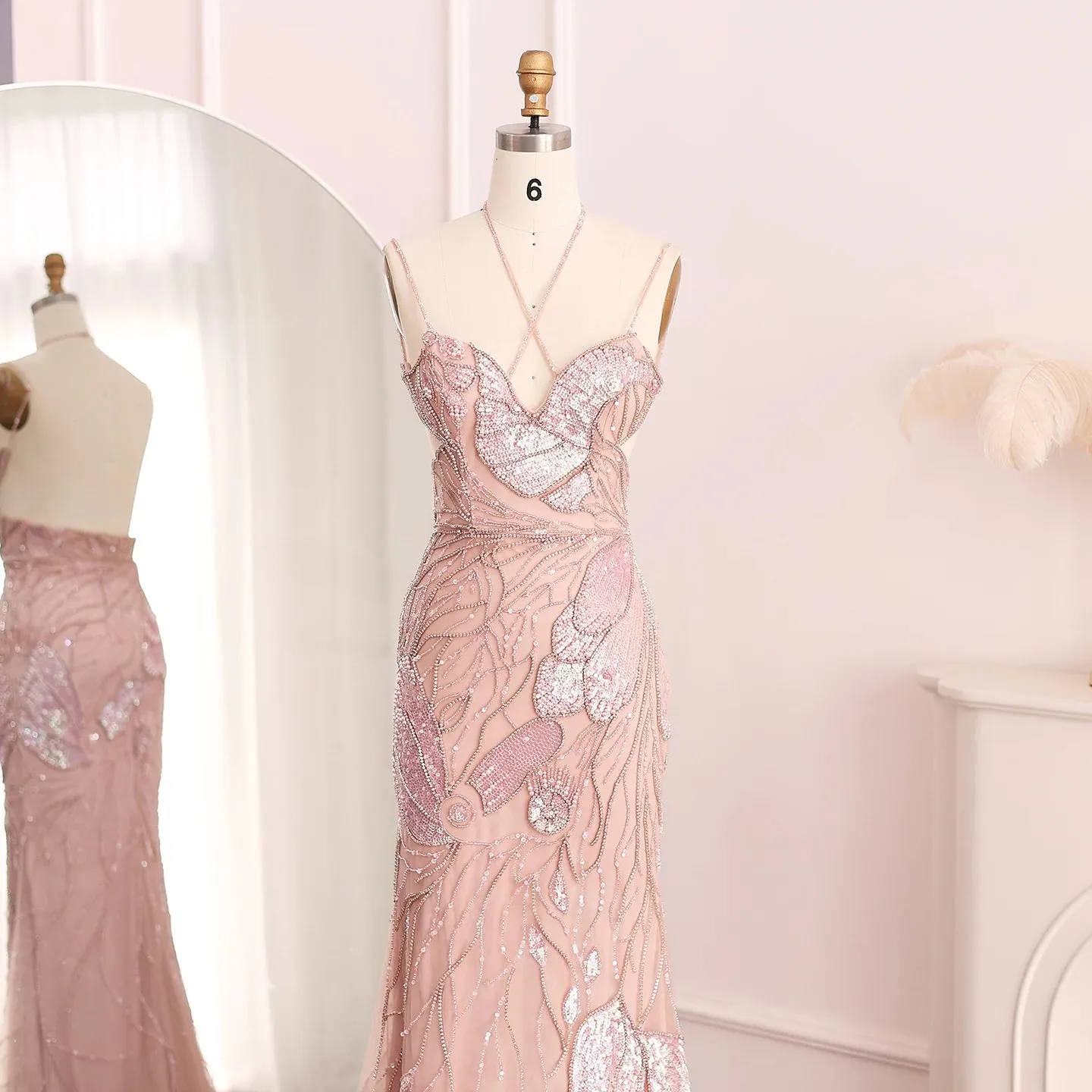 Luxury Beaded Crystal Evening Dress with  Feather Scarf