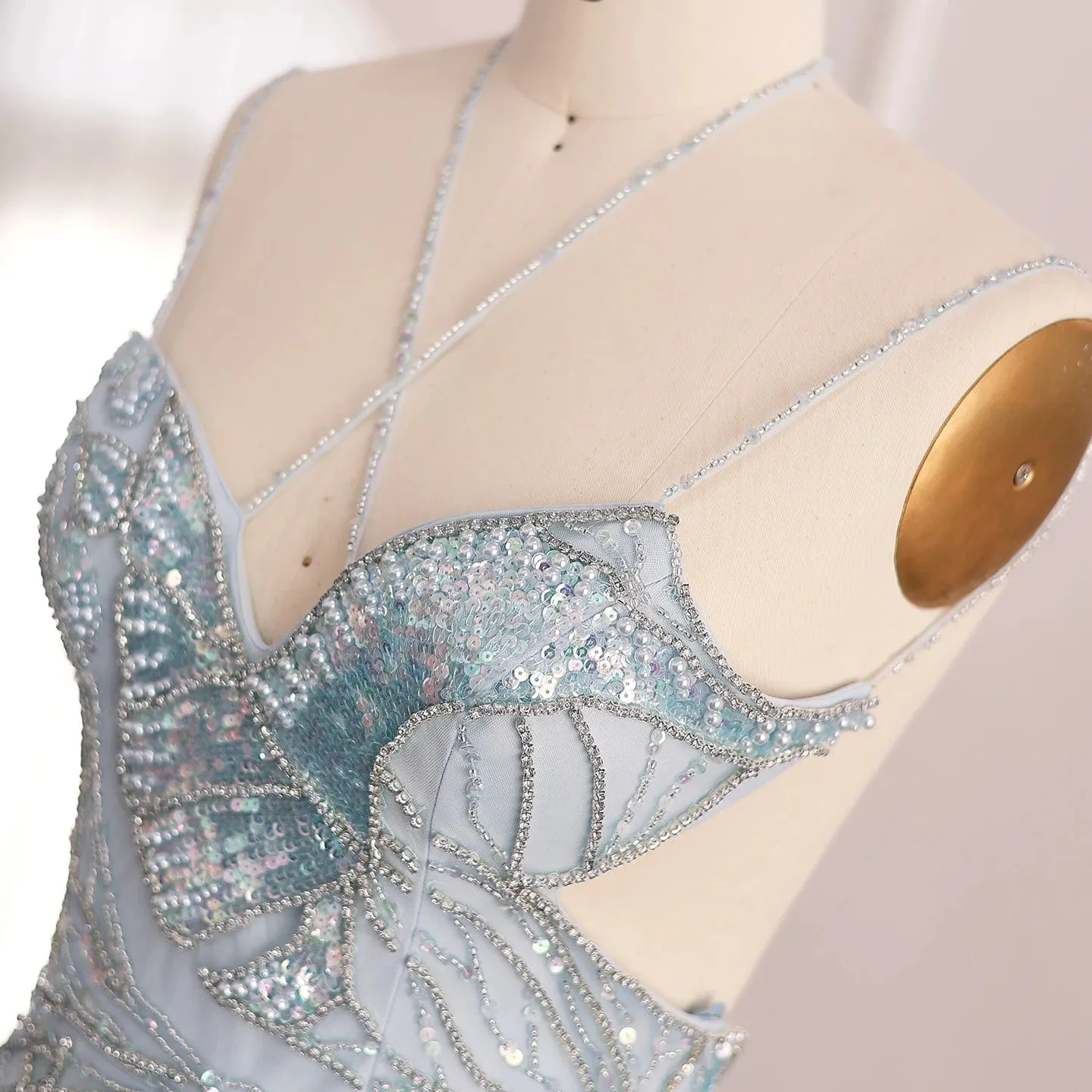 Luxury Beaded Crystal Evening Dress with  Feather Scarf