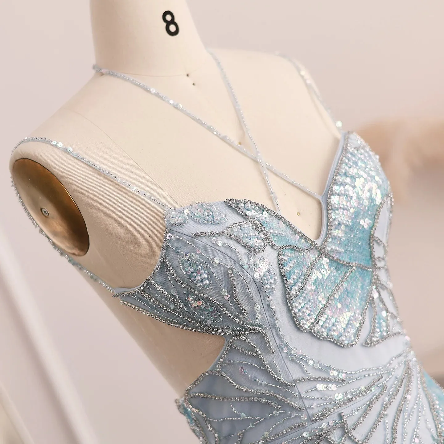 Luxury Beaded Crystal Evening Dress with  Feather Scarf