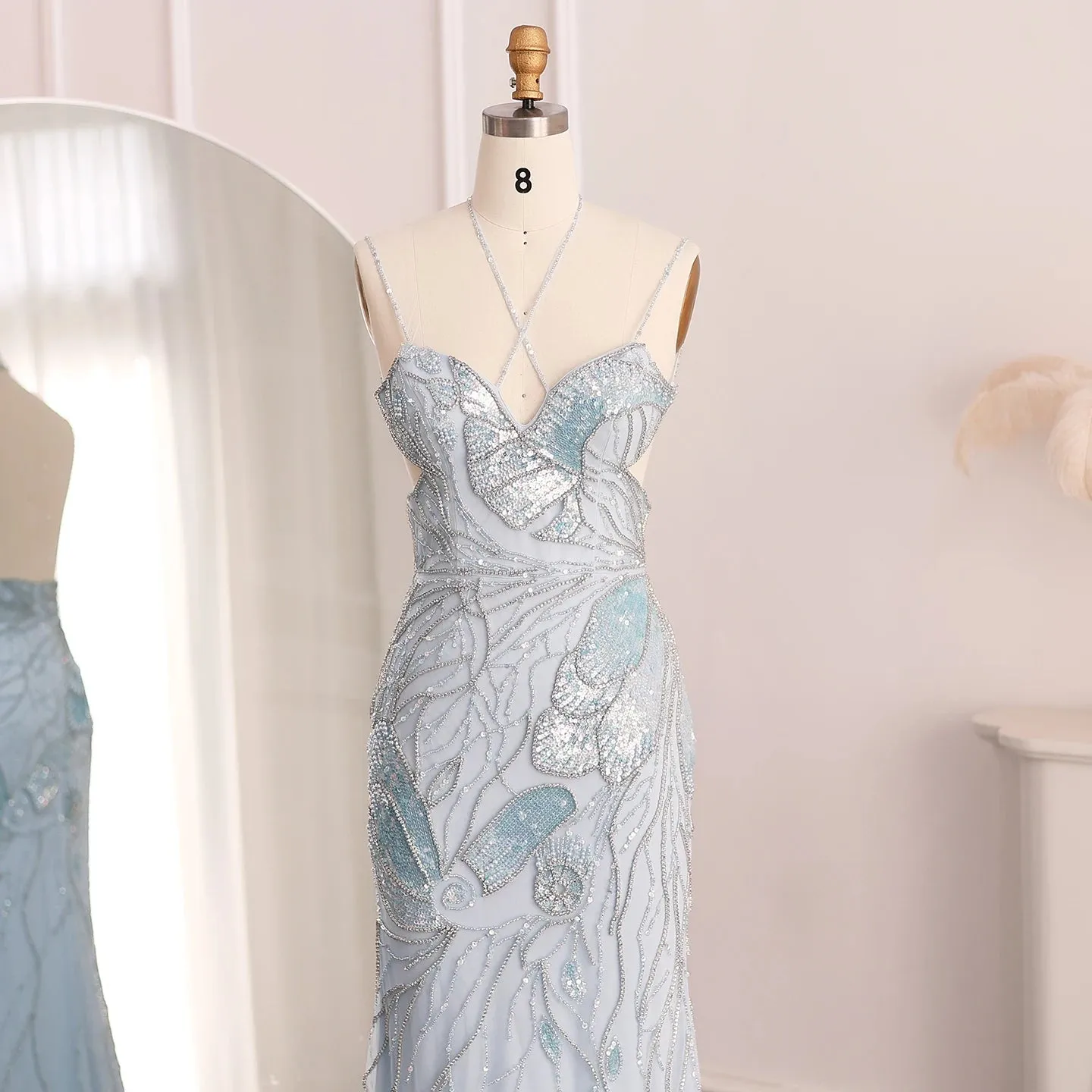 Luxury Beaded Crystal Evening Dress with  Feather Scarf