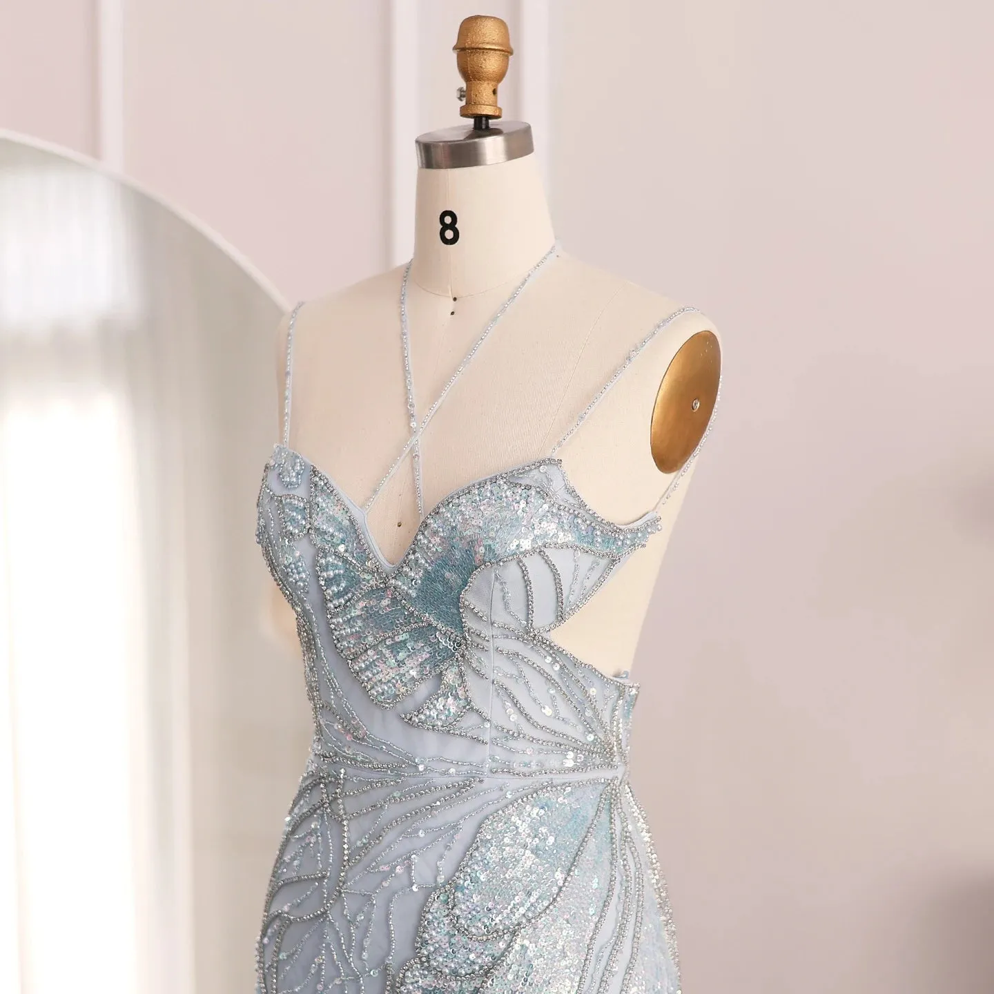 Luxury Beaded Crystal Evening Dress with  Feather Scarf