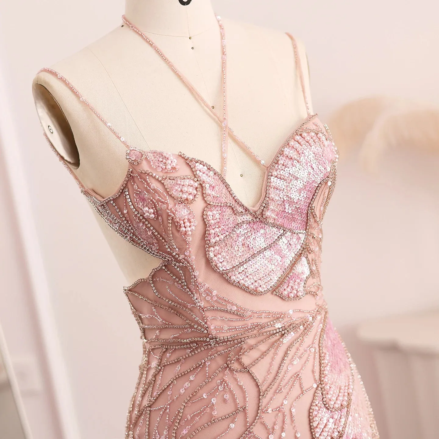 Luxury Beaded Crystal Evening Dress with  Feather Scarf