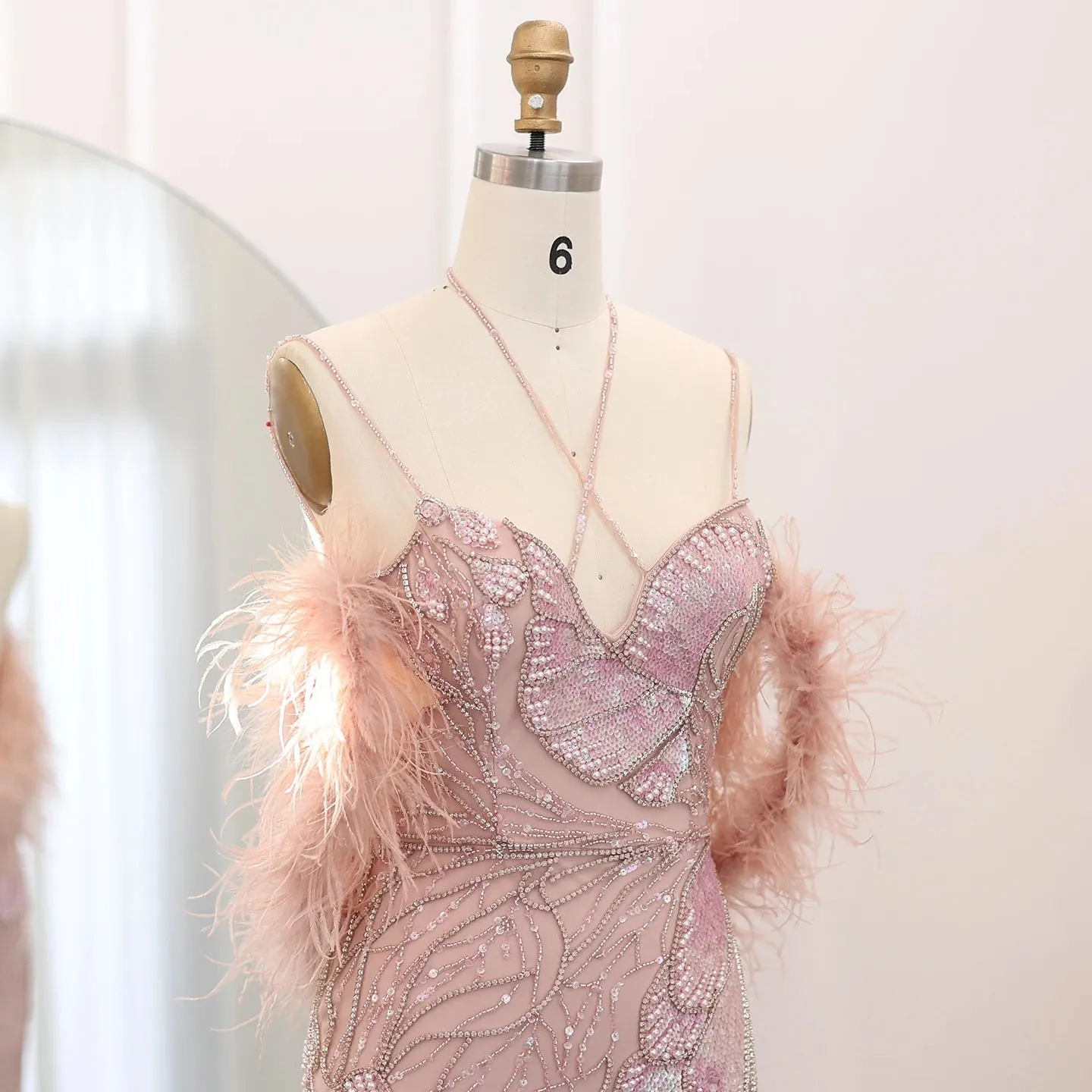 Luxury Beaded Crystal Evening Dress with  Feather Scarf