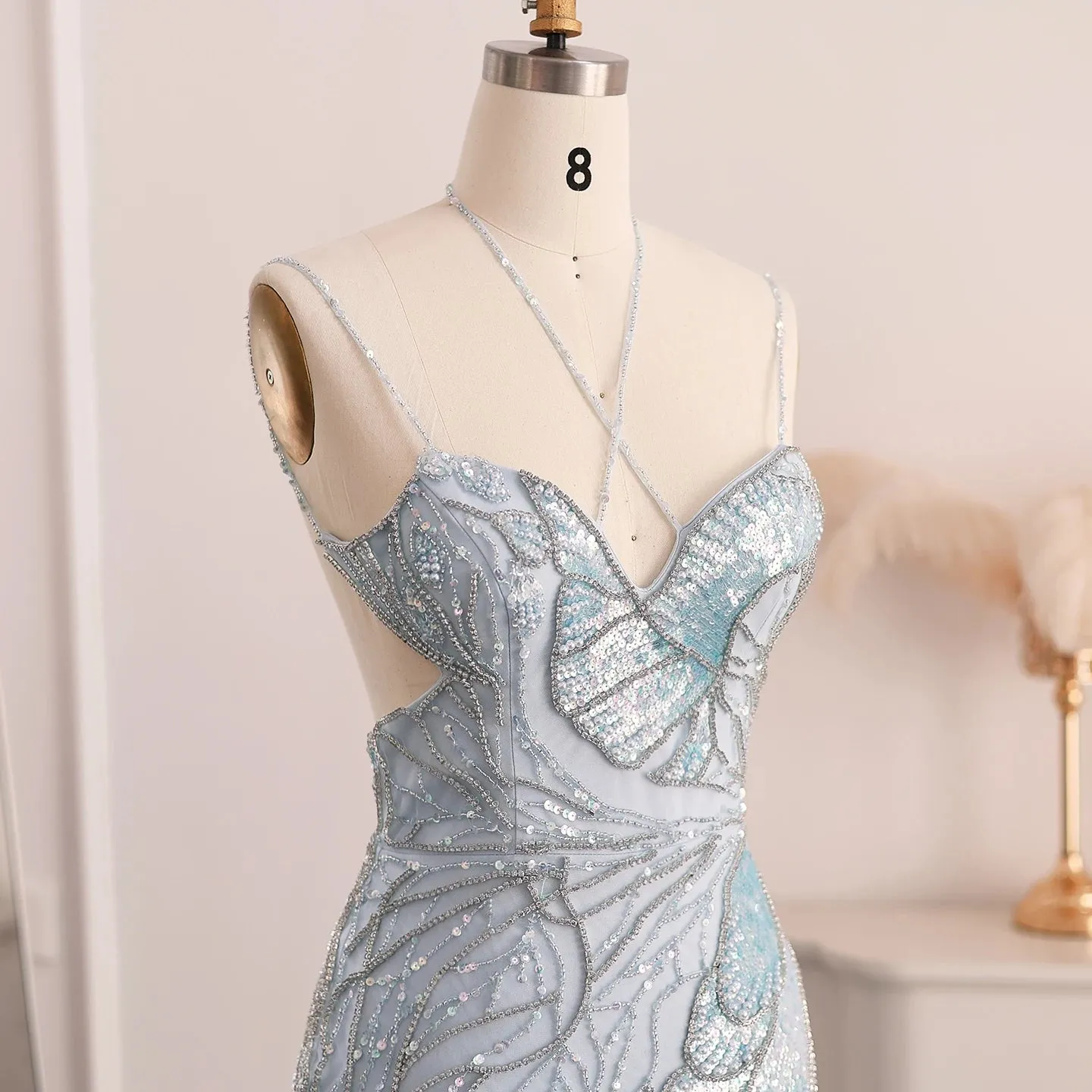 Luxury Beaded Crystal Evening Dress with  Feather Scarf