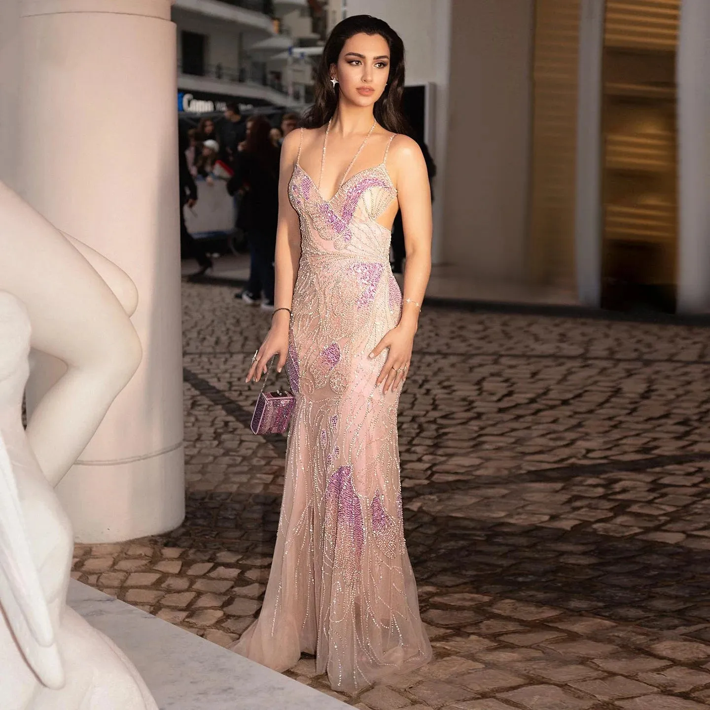 Luxury Beaded Crystal Evening Dress with  Feather Scarf
