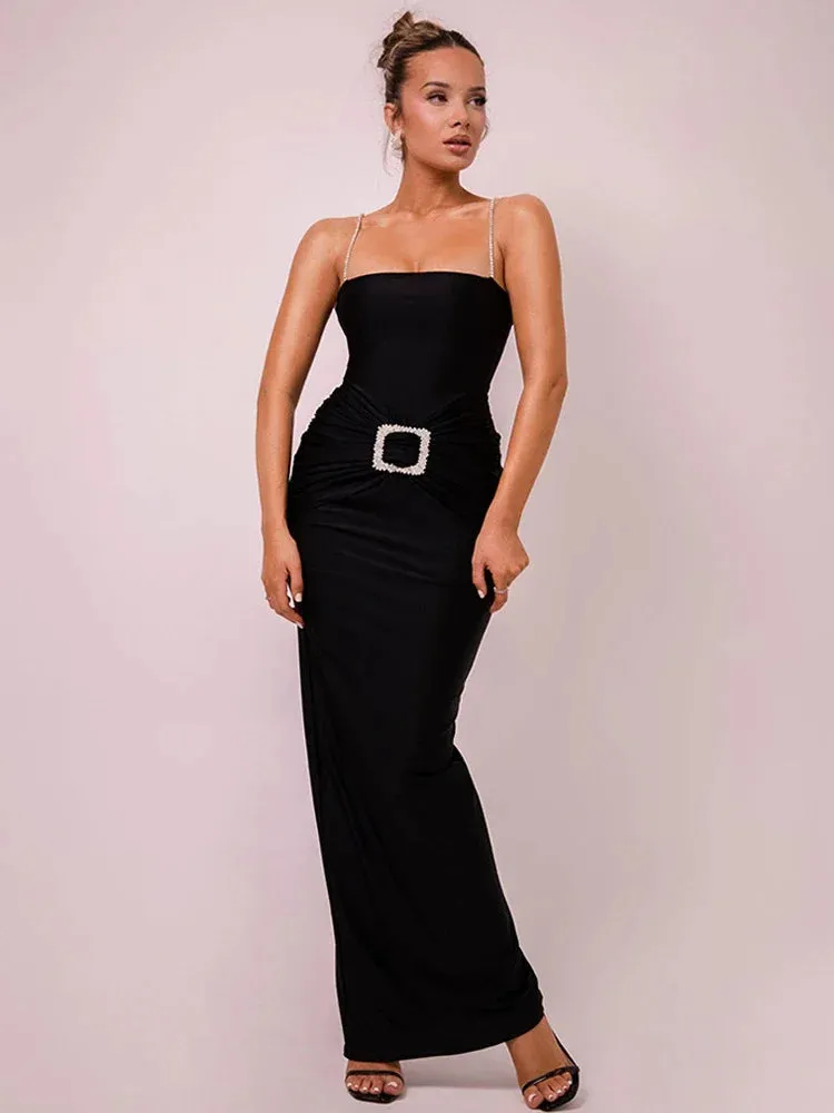 Luxury Evening Dress Women Elegant Party Rhinestone Spaghetti Strap Backless Maxi Dresses for Ladies C92-DG35