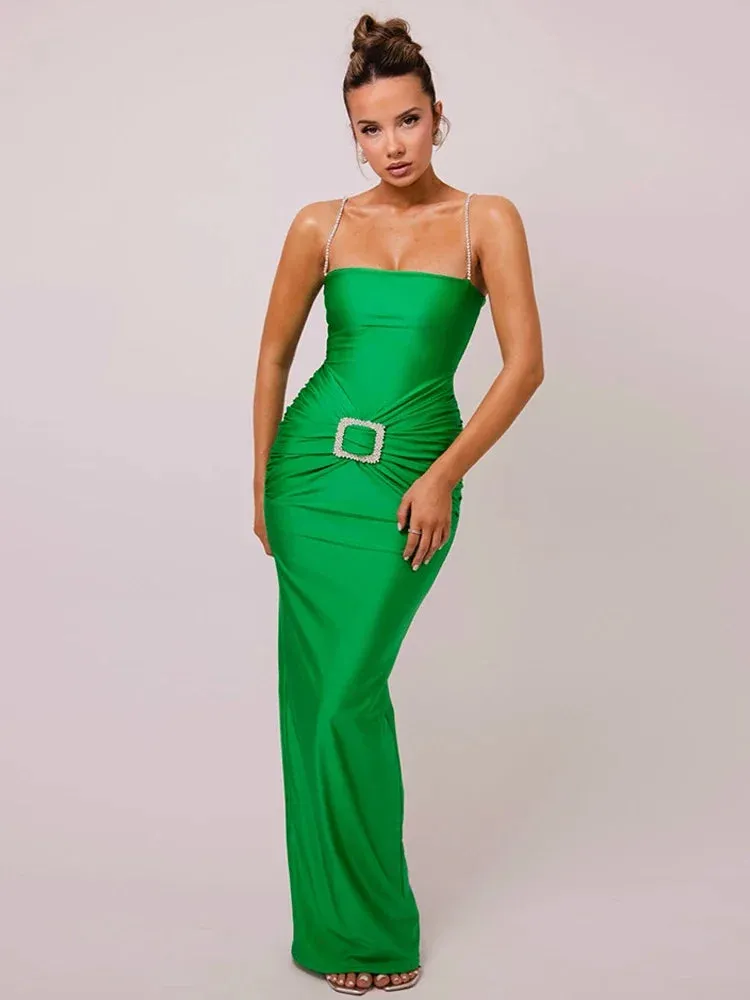 Luxury Evening Dress Women Elegant Party Rhinestone Spaghetti Strap Backless Maxi Dresses for Ladies C92-DG35