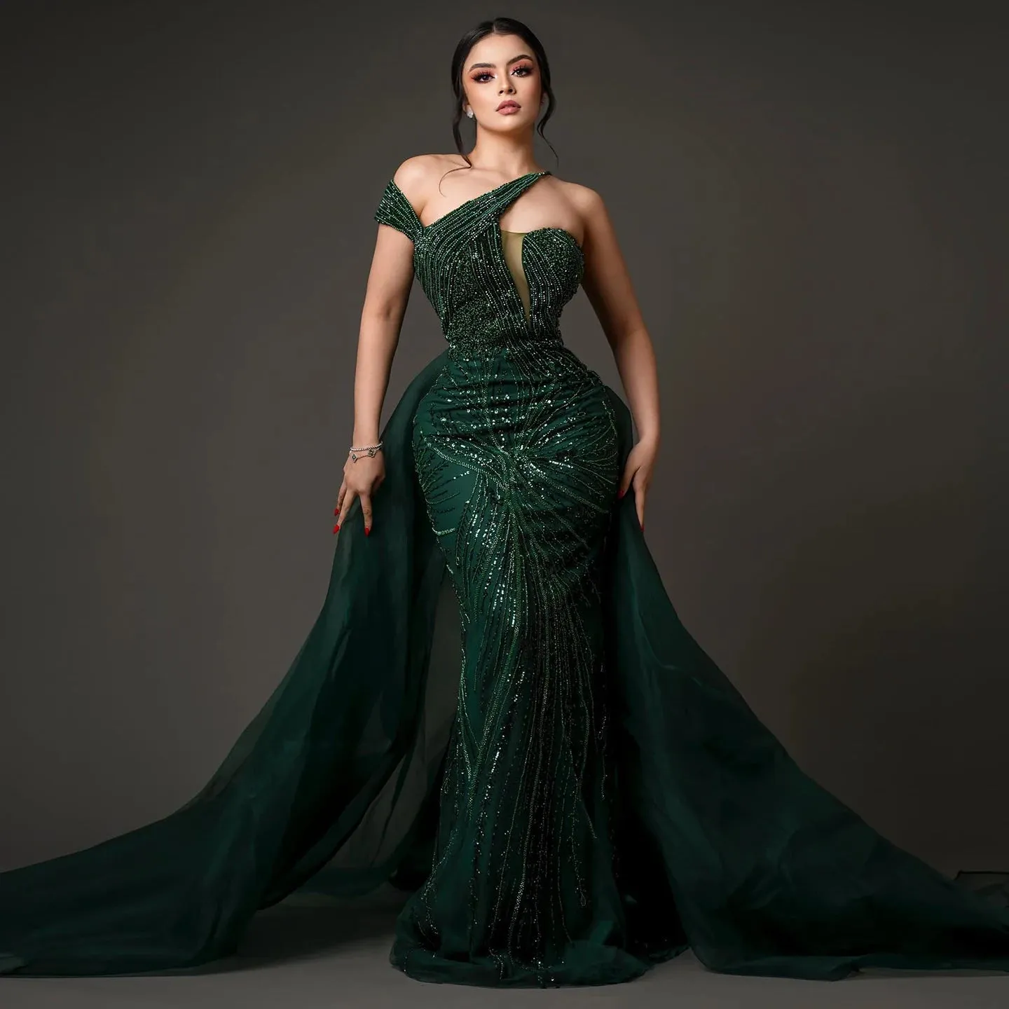 Luxury One Shoulder Evening Dress with Overskirt