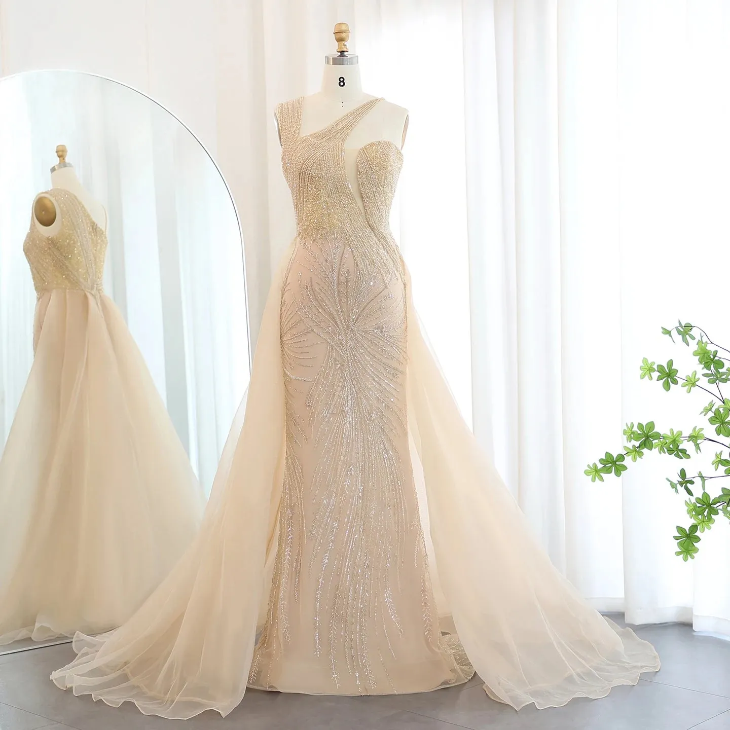 Luxury One Shoulder Evening Dress with Overskirt