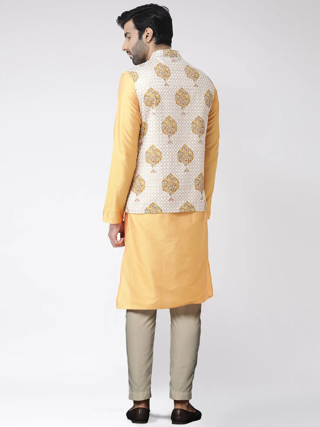 Men's Yellow Kurta Jacket Trousers Set