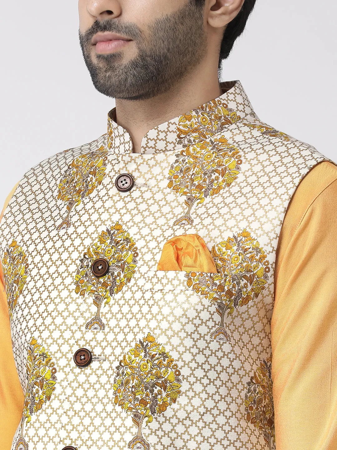 Men's Yellow Kurta Jacket Trousers Set