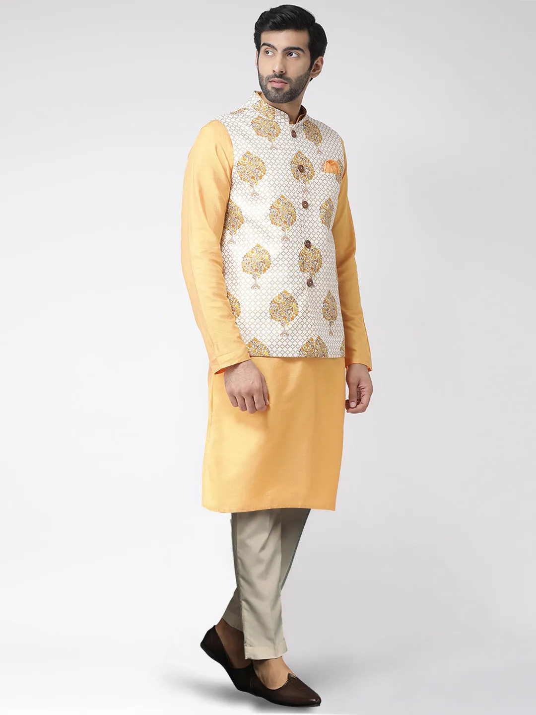 Men's Yellow Kurta Jacket Trousers Set
