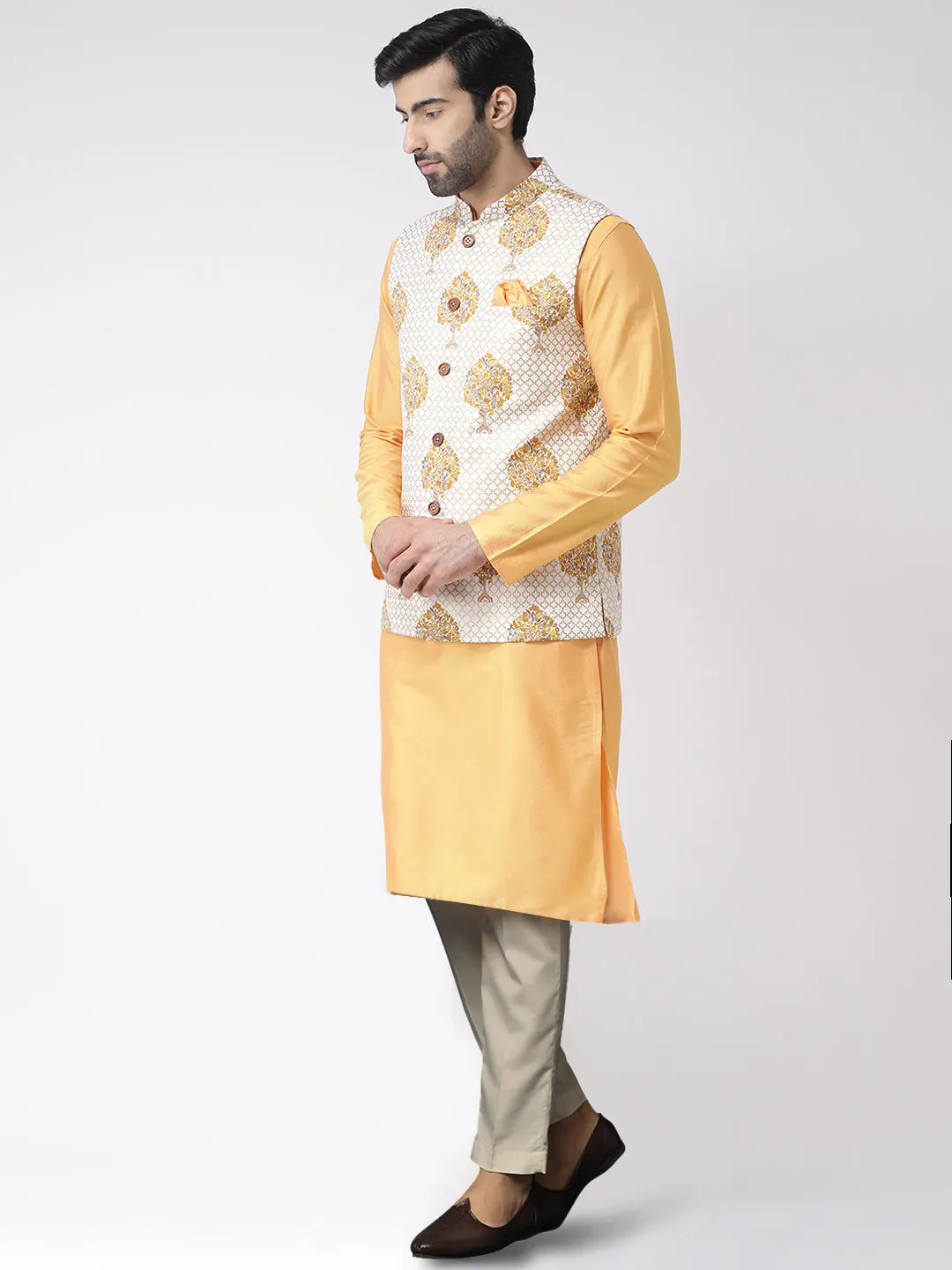 Men's Yellow Kurta Jacket Trousers Set