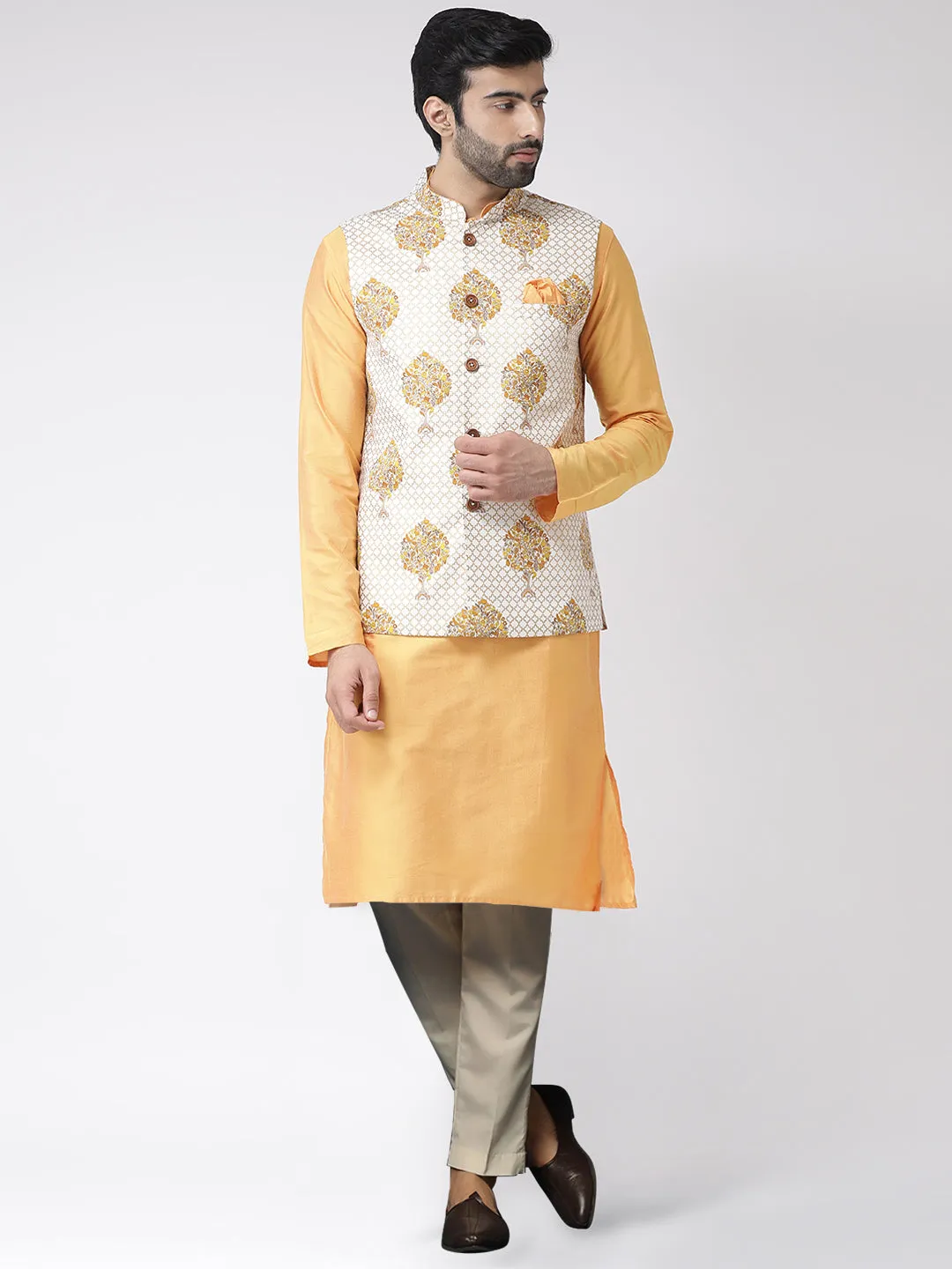 Men's Yellow Kurta Jacket Trousers Set