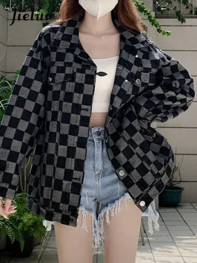Metaversmall Autumn Black Denim Coat Women Korean New Chessboard Checker Casual Loose Retro Blue Jacket Top Woman High Street Chic