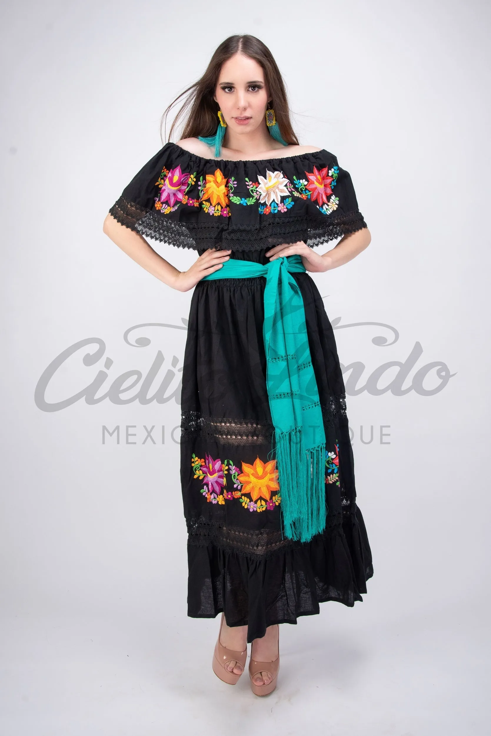 Mexican Luxury Campesino Fino Maxi Dress Black