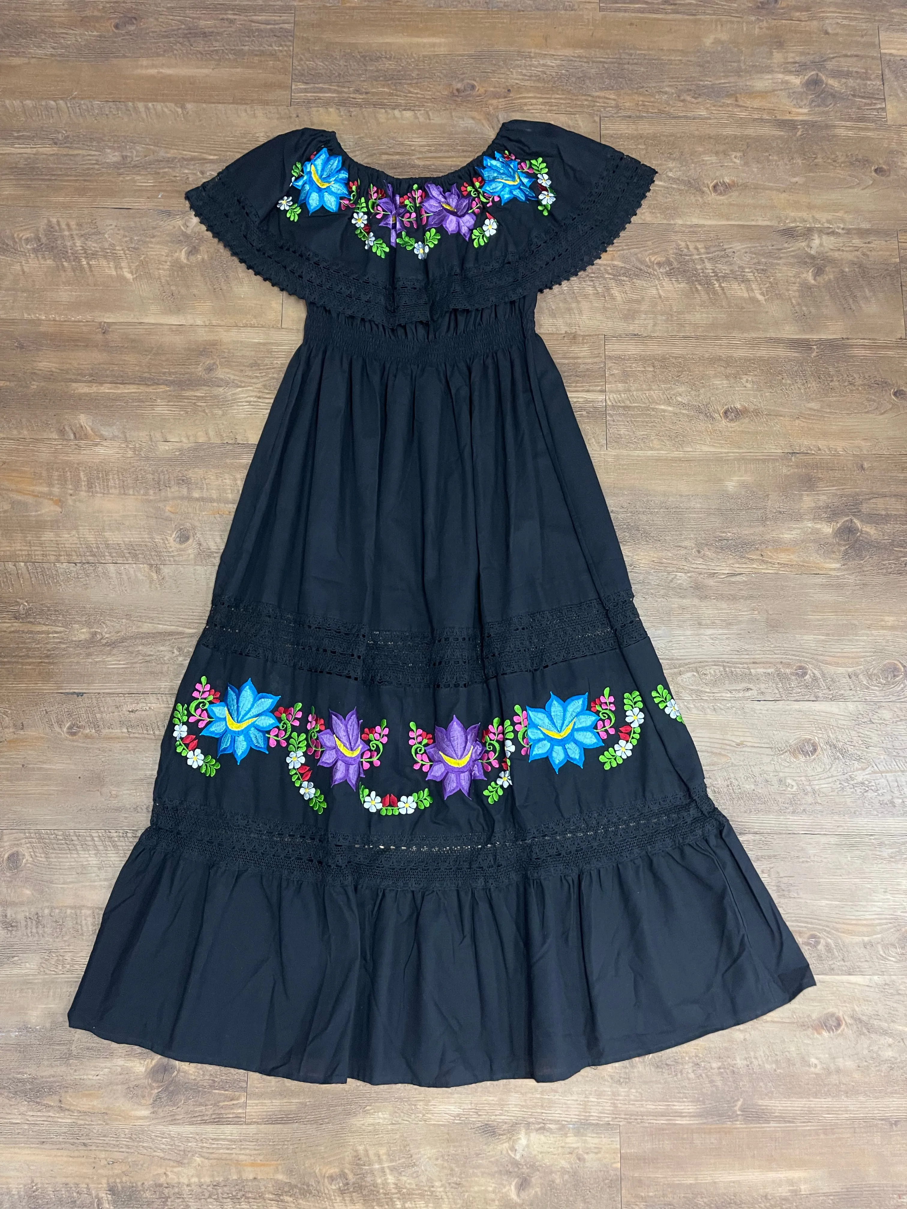Mexican Luxury Campesino Fino Maxi Dress Black